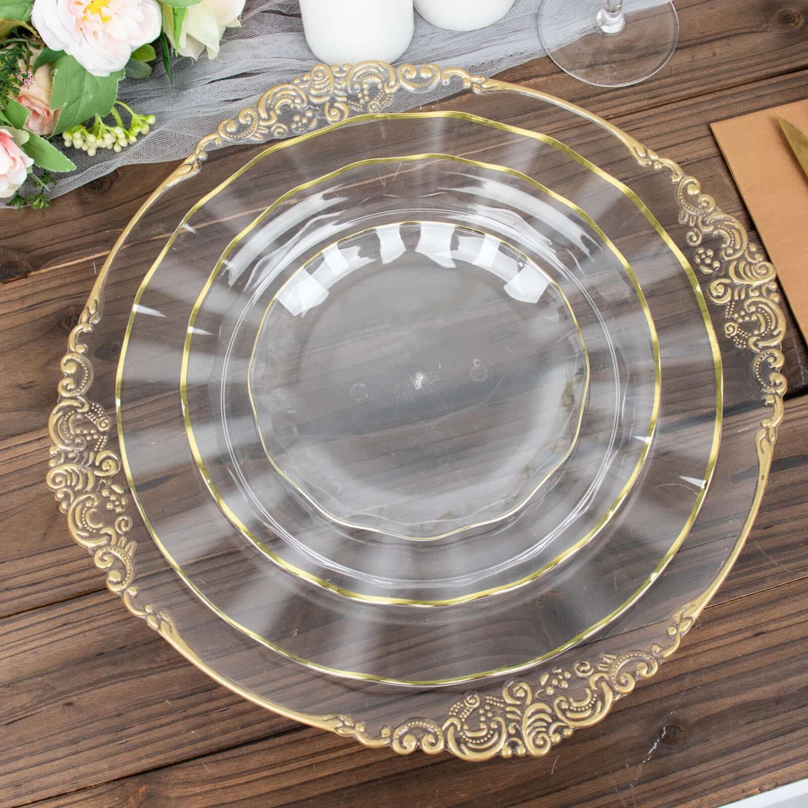 10-Pack Plastic 9 Round Dinner Plates in Clear Ruffled Rim with Gold Edging - Sturdy Disposable Dinnerware