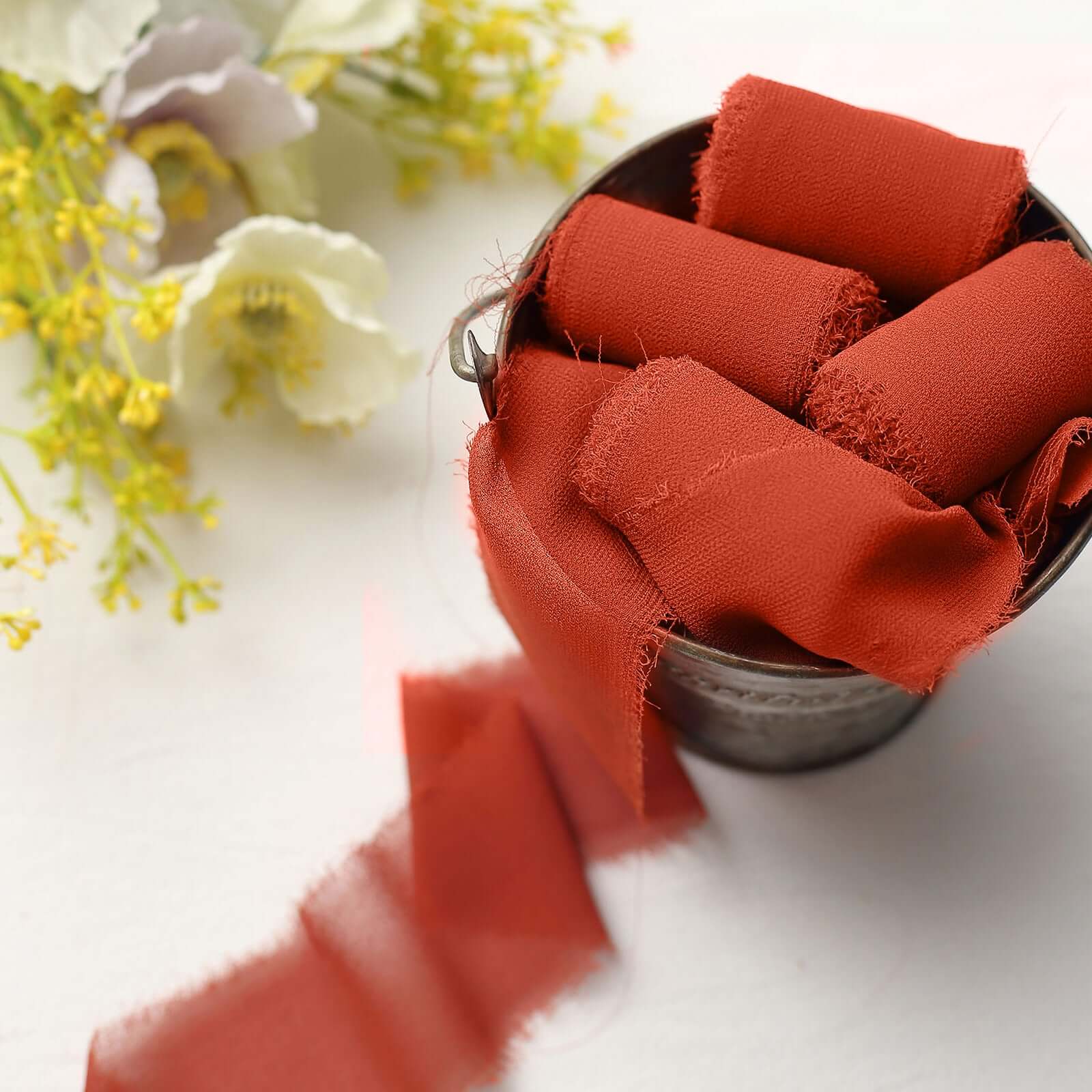 2 Pack 6yds Terracotta (Rust) Silk-Like Chiffon Ribbon Roll, DIY Wedding Bouquet Linen Wrap