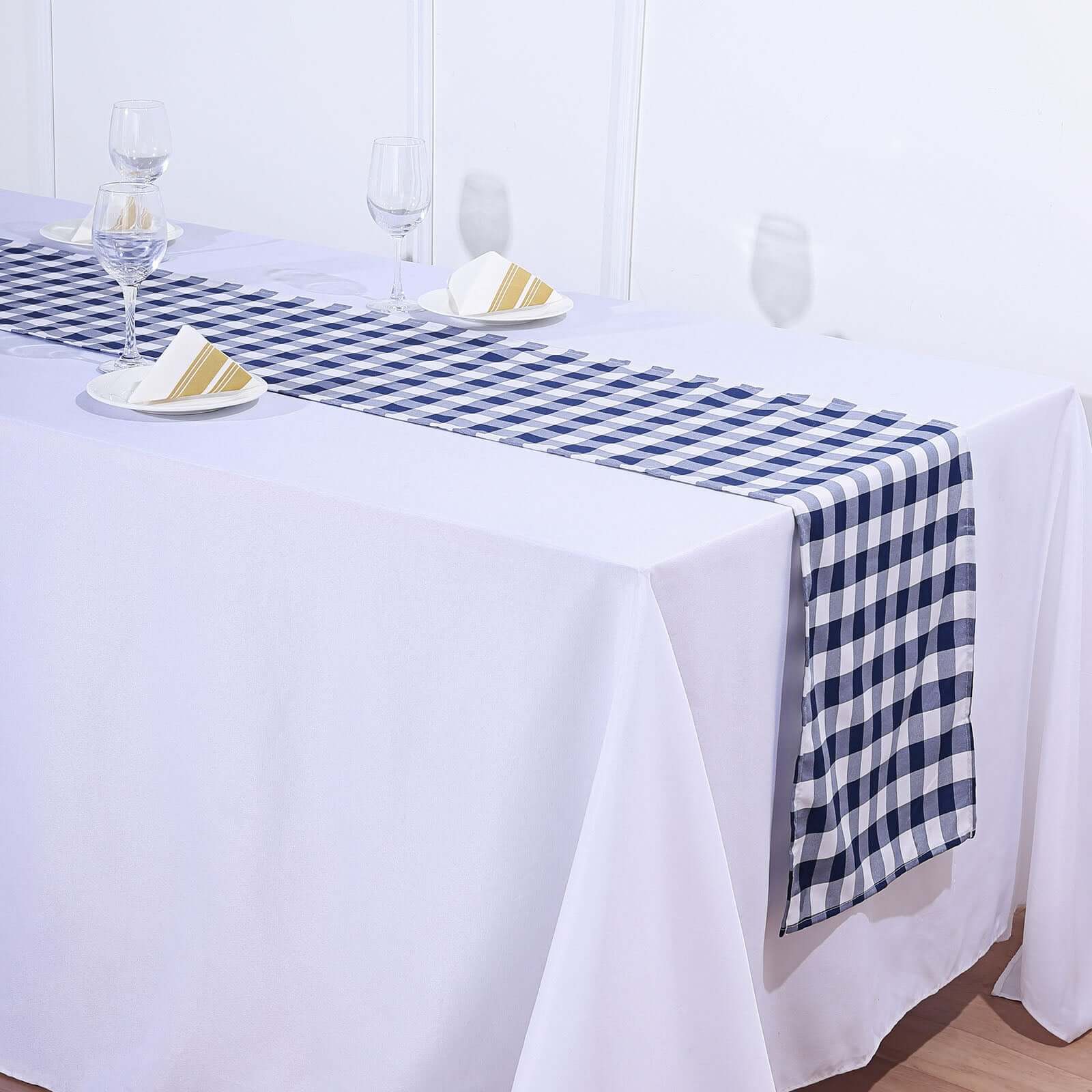 Polyester 14x108 Table Runner Navy Blue/White - Gingham Plaid Design