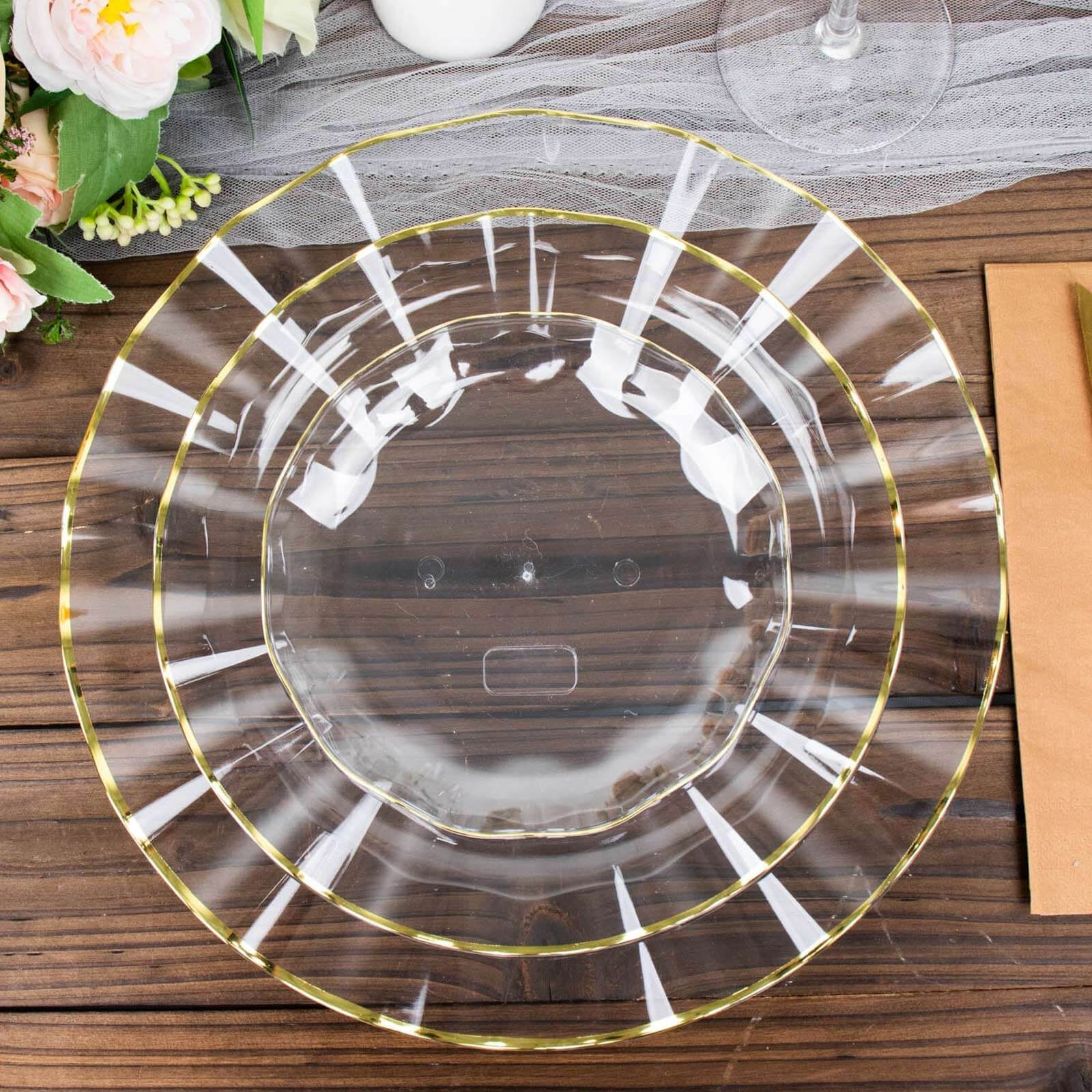 10-Pack Plastic Round 6 Dessert Plates in Clear Ruffled Rim with Gold Edging - Sturdy Disposable Salad Appetizer Dinnerware