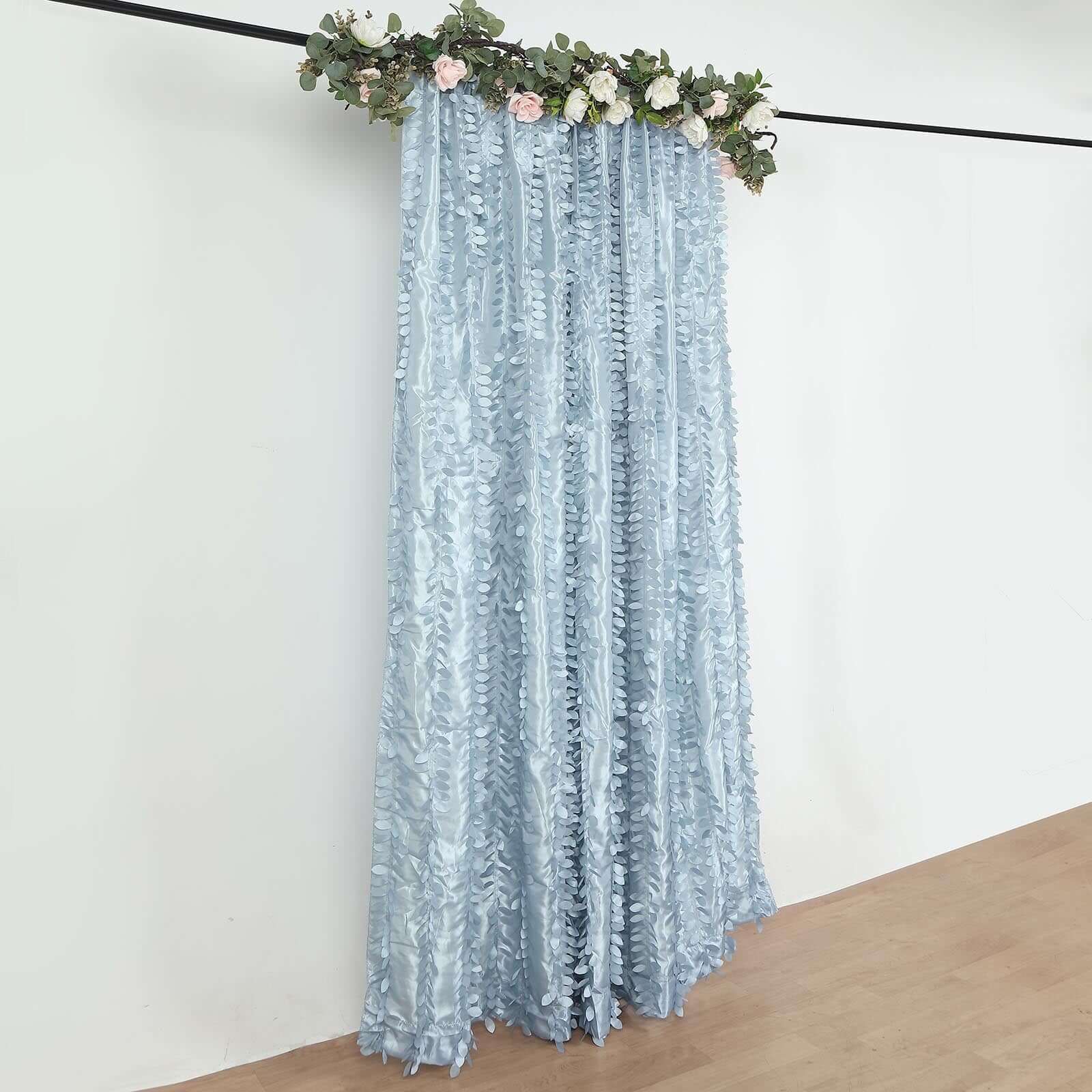 8ftx8ft Dusty Blue 3D Leaf Petal Taffeta Event Curtain Drapes, Backdrop Event Panel With Rod Pocket