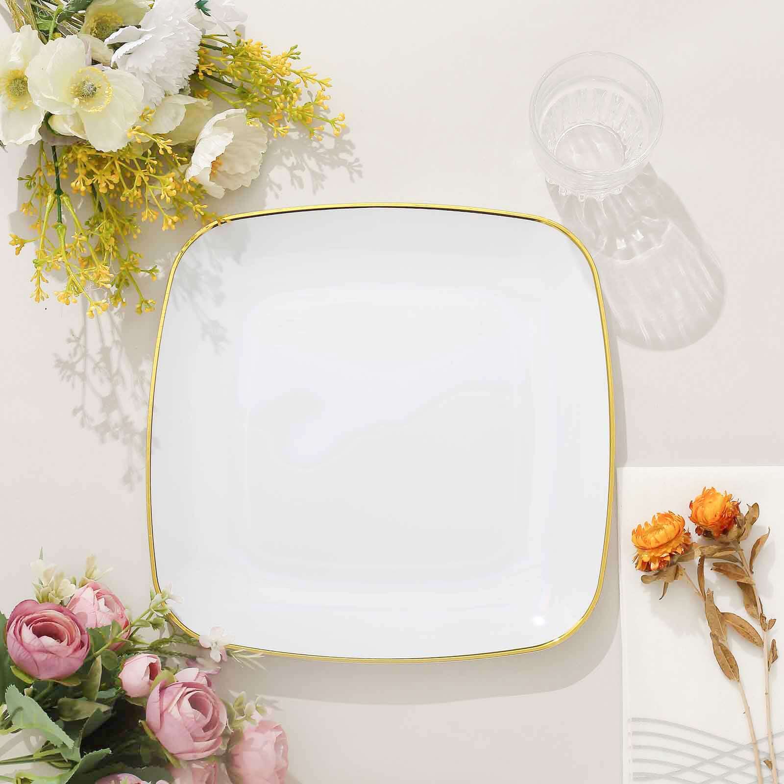 10-Pack Plastic 10 Square Dinner Plates in White with Gold Rim - Classy Disposable Lunch Party Plates for Weddings & Special Events