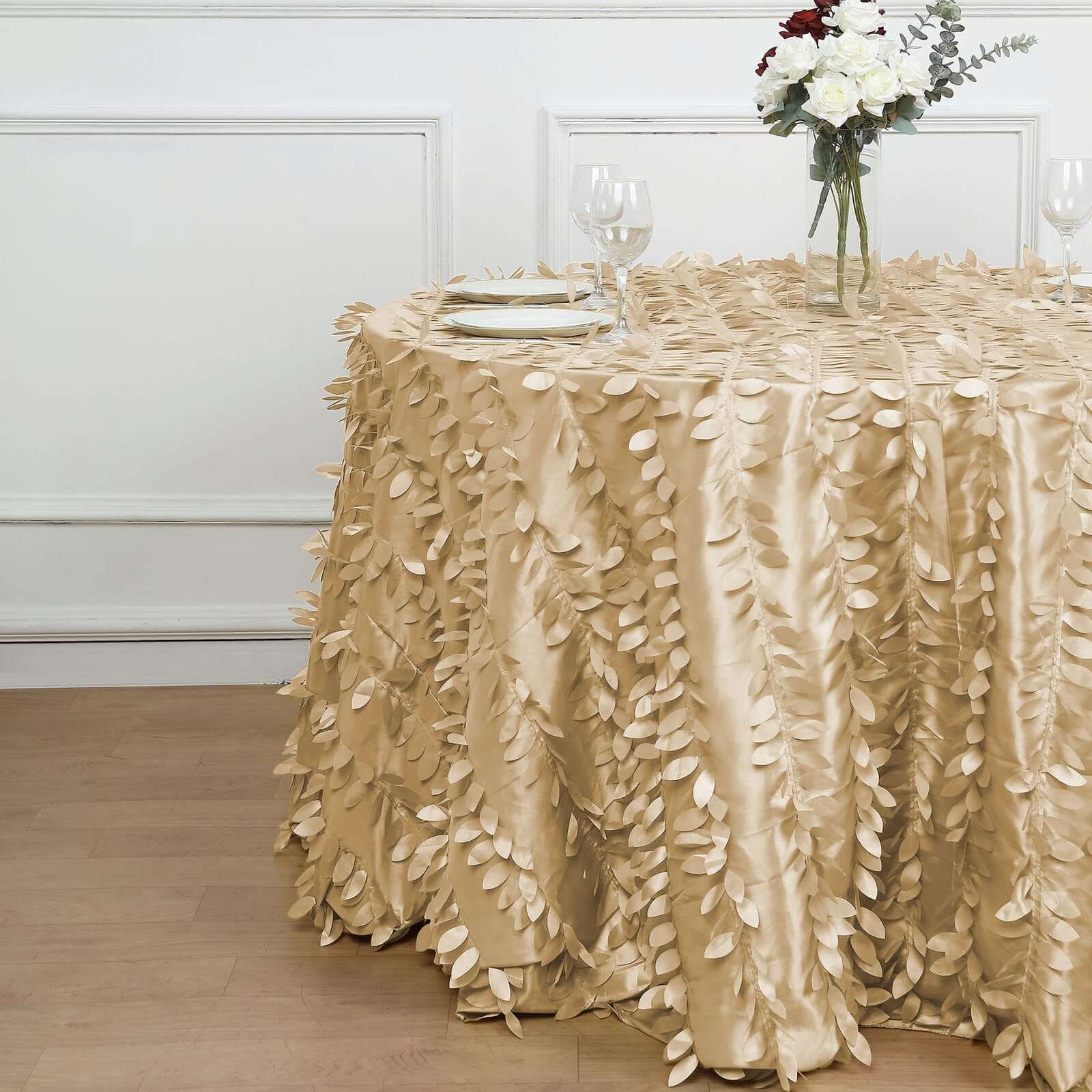 Taffeta 120 Round Tablecloth Champagne 3D | 3D Leaf Petal Design Seamless Table Cover