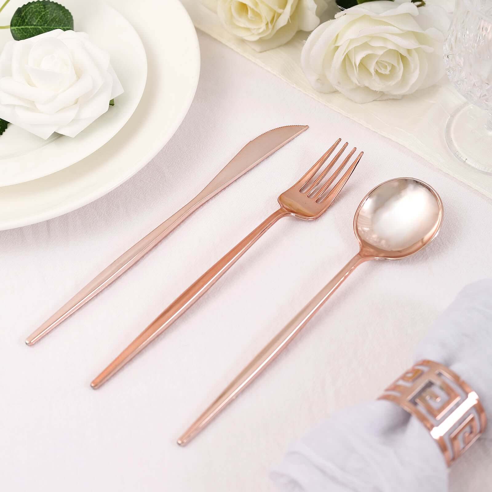 24-Pack Plastic Flatware Set with Sleek Modern Design Rose Gold - Premium Disposable Silverware 8