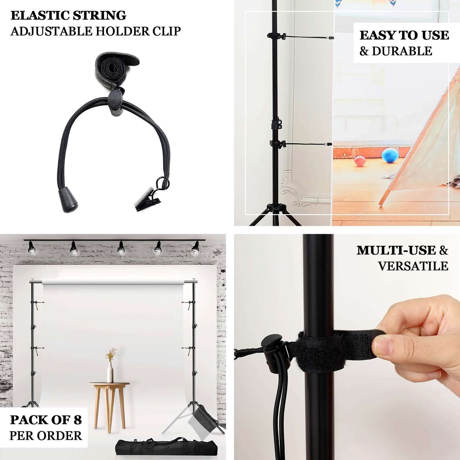 8 Pack 16 Elastic String Photography Backdrop Clamps, Holder Clips