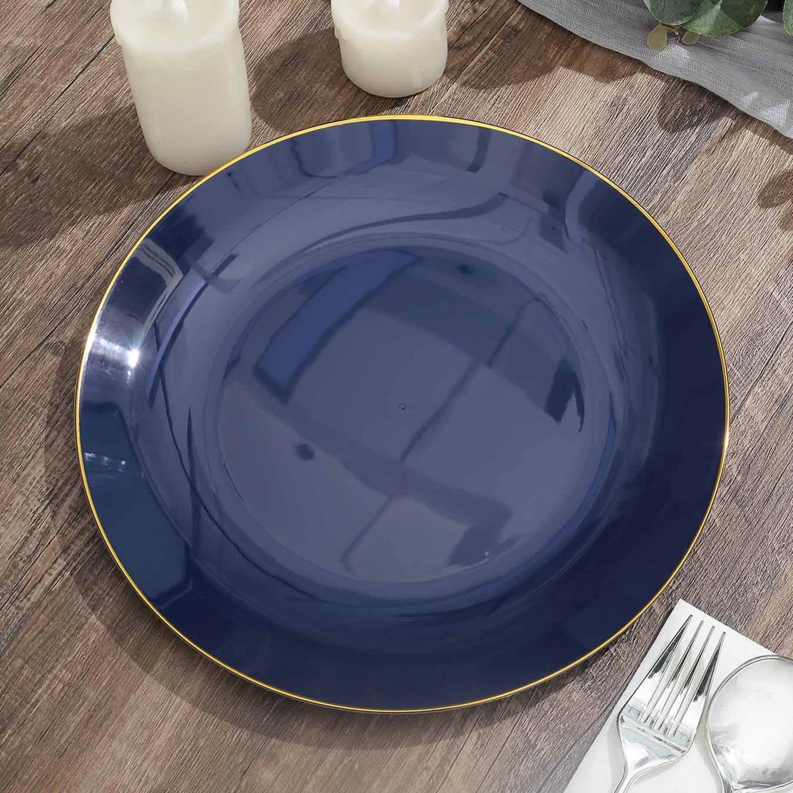 10-Pack Plastic 10 Round Dinner Plates in Navy Blue with Gold Rim - Glossy Disposable Party Plates