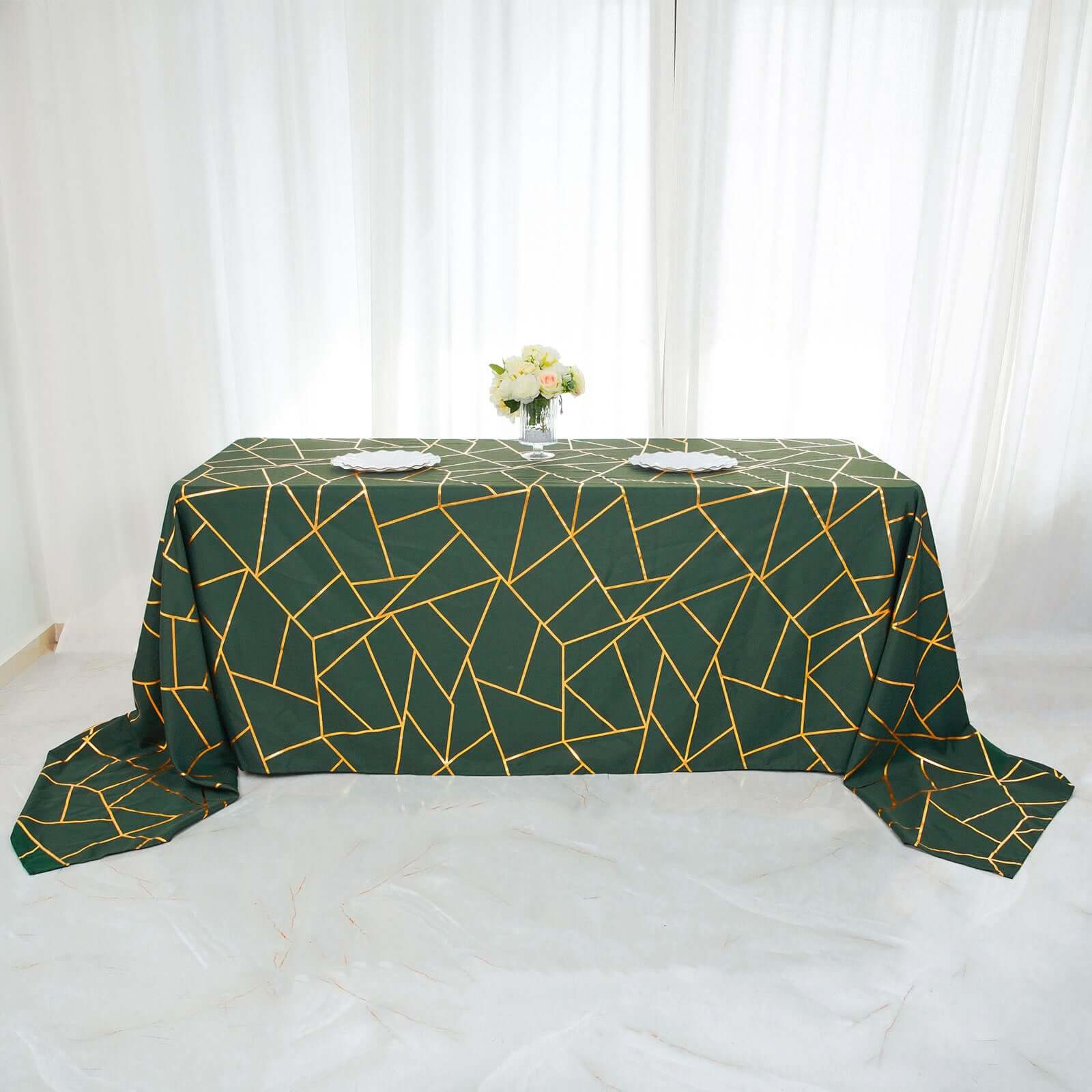 Polyester 90x132 Rectangle Tablecloth Hunter Emerald Green with Gold Foil Geometric Pattern - Wrinkle-Resistant Seamless Table Cover