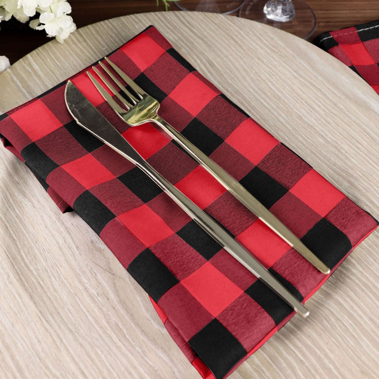 5 Pack Polyester 15x15 Napkins Black/Red Buffalo Plaid Gingham Style Cloth Napkins