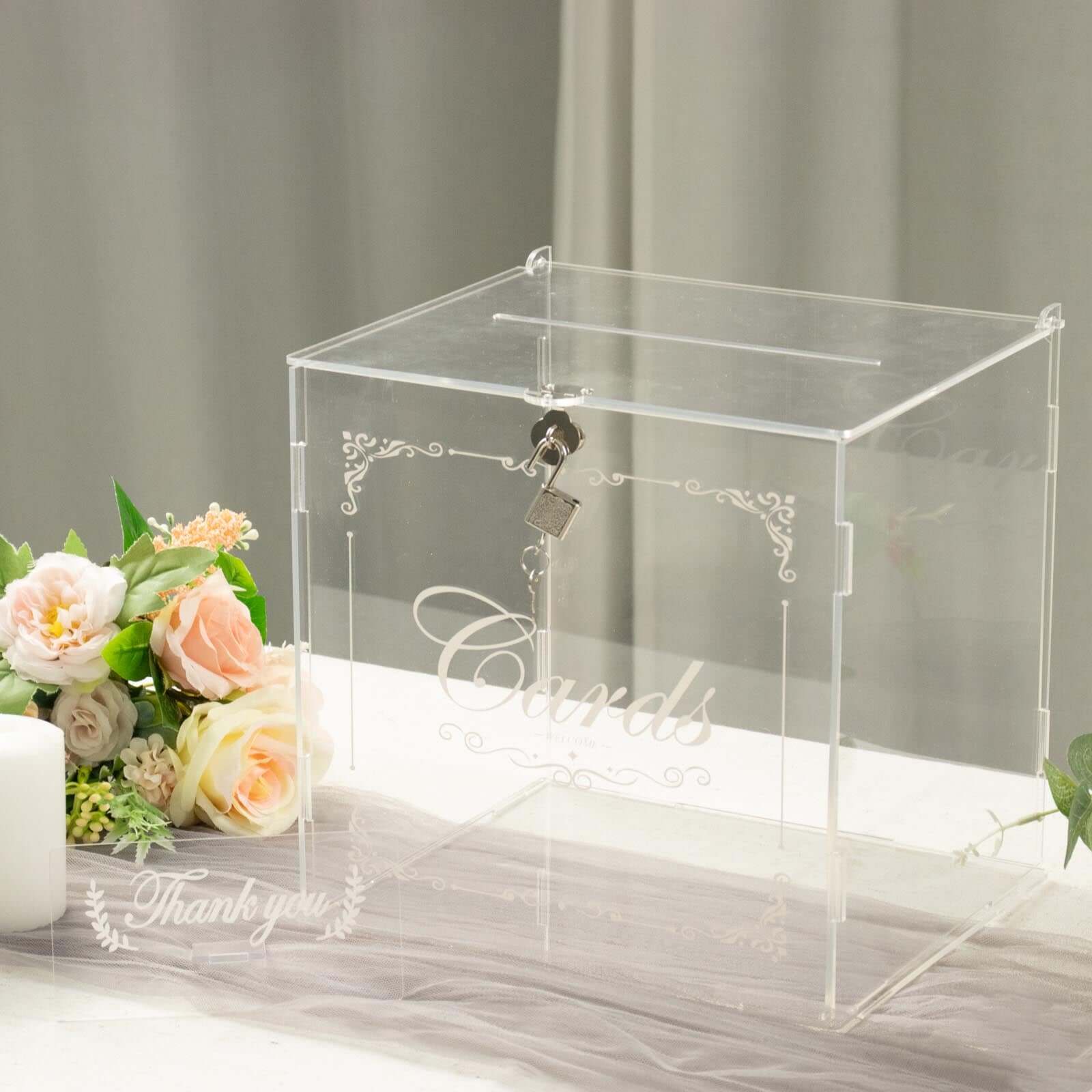 Clear Acrylic Wedding Card Box With Lock, Key & Thank You Sign Stand, Reception Party Money Gift Card Box