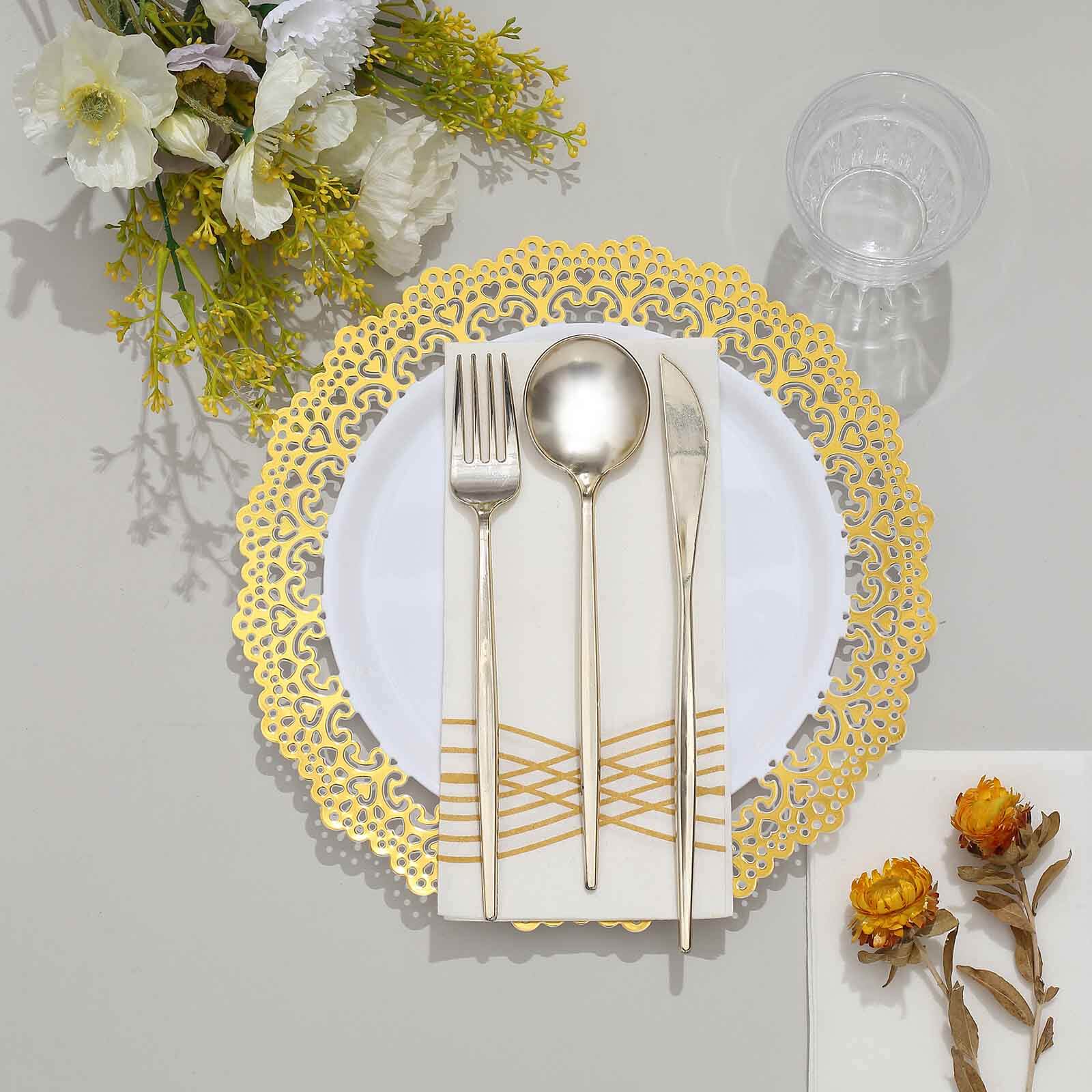 10-Pack Plastic 10 Round Dinner Plates in White with Gold Lace Rim - Disposable Party Plates for Classy Events & Banquets