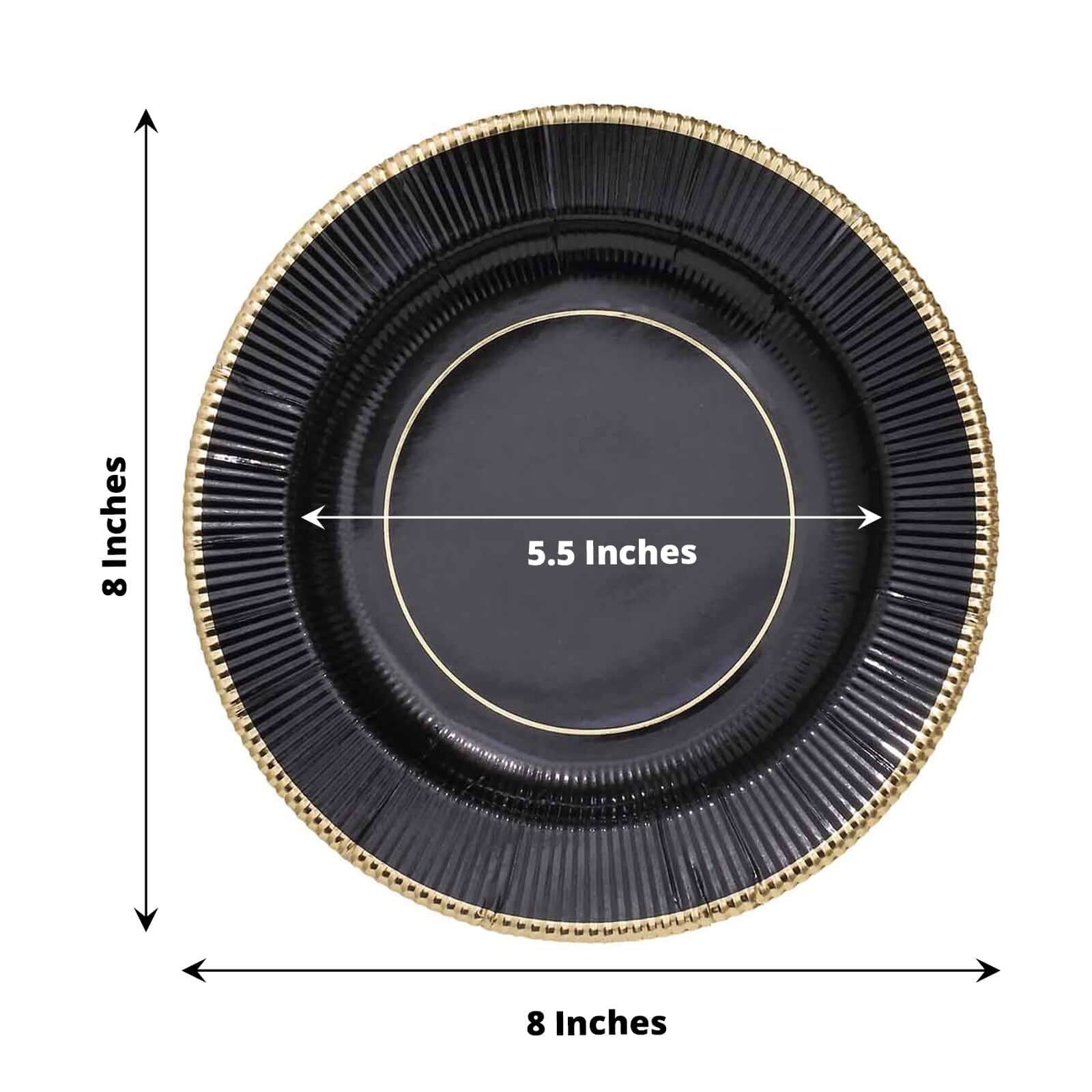 25-Pack Paper 8 Round Dessert Plates in Black Sunray Design with Gold Rim - Disposable Heavy Duty 350GSM Appetizer Salad Plates