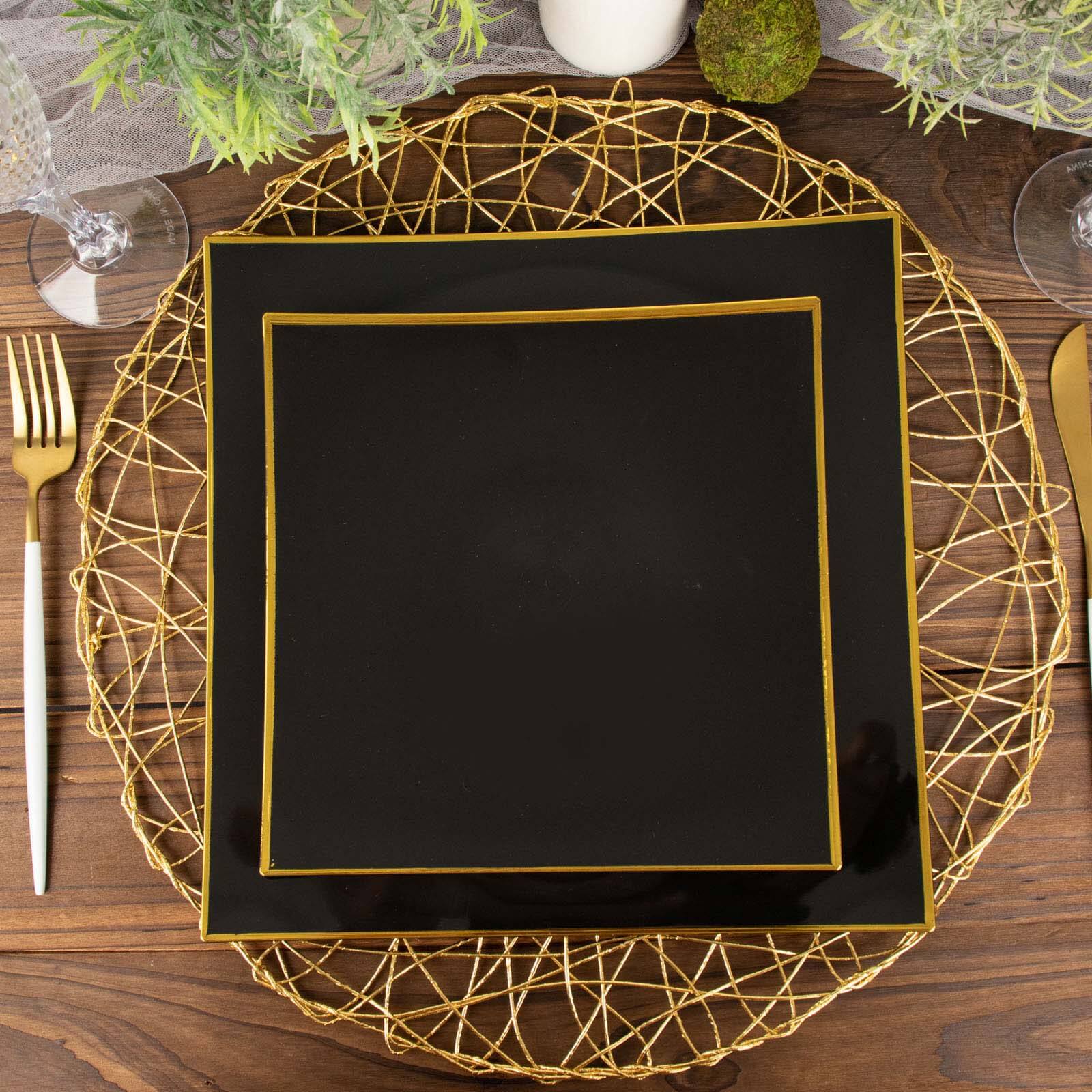 10-Pack Plastic 10 Square Dinner Plates in Black Concave Style with Gold Rim - Modern Disposable Party Plates