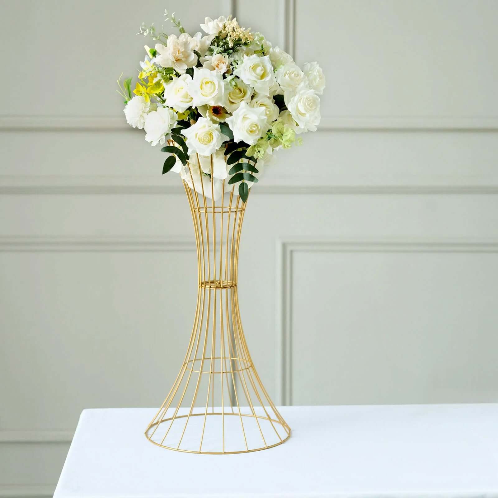 Metal Centerpiece Stand Gold Hourglass Trumpet Shape Design - Flower Open Frame Reversible Pedestal 24