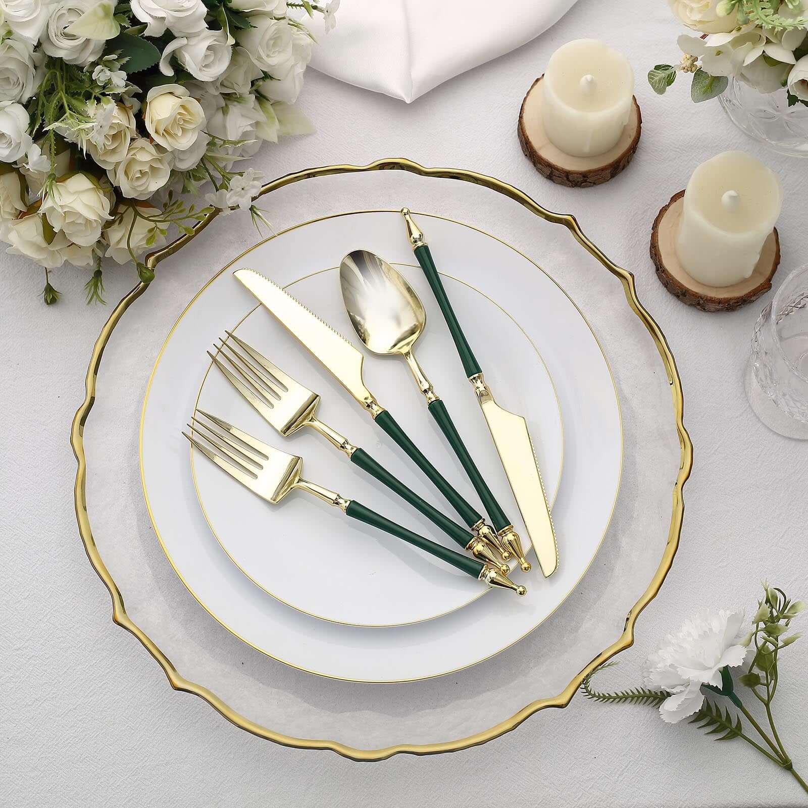 24-Pack Plastic Utensil Set with Roman Column Handle Gold/Hunter Emerald Green - Disposable Silverware