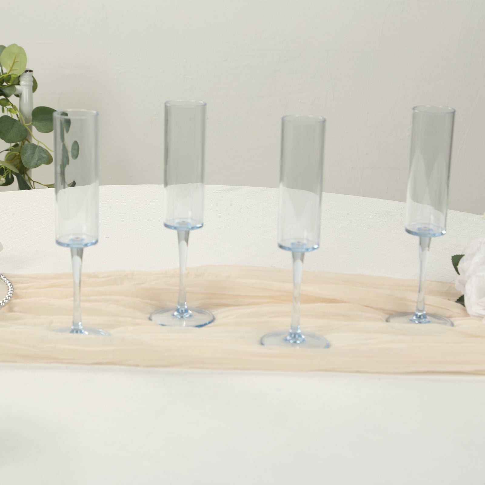 6-Pack Plastic Wine Mimosa Goblets Transparent Dusty Blue Cylindrical Shape - Reusable Champagne Flute Glasses 9.5 Tall 6oz