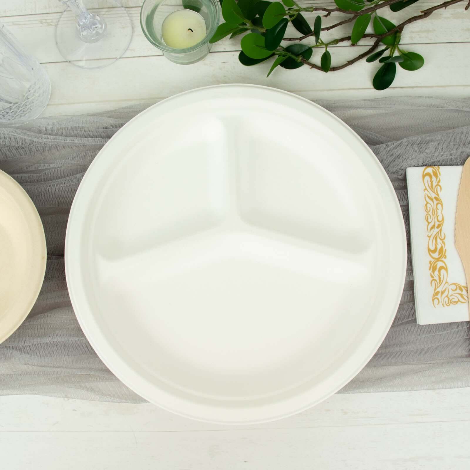 50-Pack Bagasse 10 Round Dinner Plates in White with 3-Compartments - Eco Friendly Biodegradable Sugarcane Divided Plates for Food Trucks Catering & Events