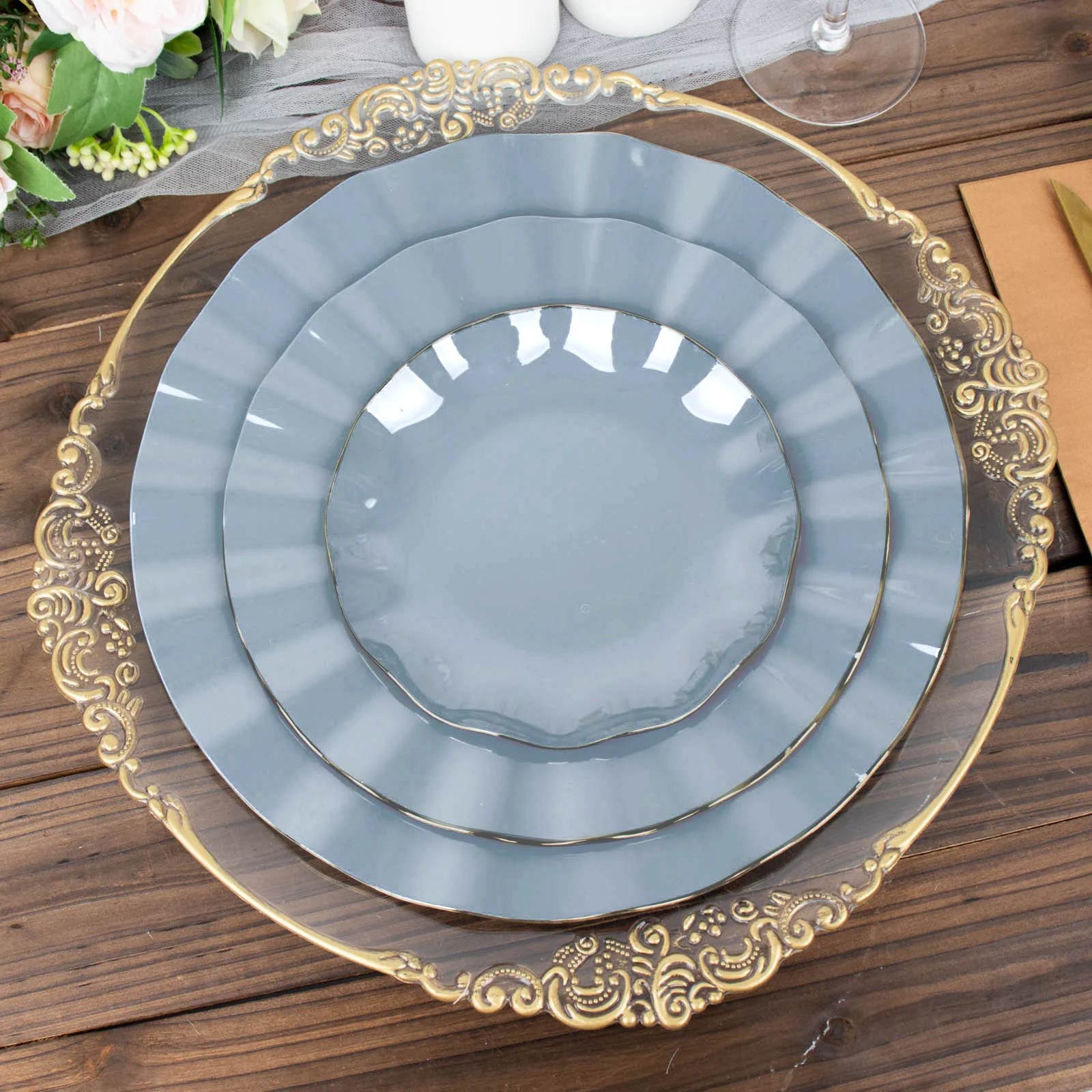 10-Pack Plastic Round 6 Dessert Plates in Dusty Blue Ruffled Rim with Gold Edging - Sturdy Disposable Salad Appetizer Dinnerware