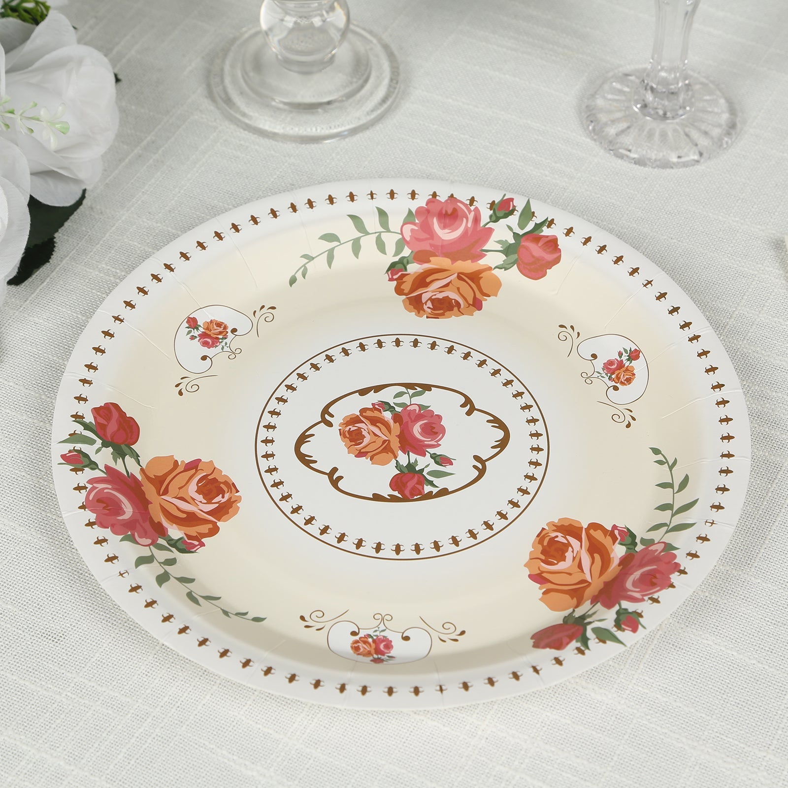 25-Pack Paper 9 Round Dinner Plates in Ivory with Vintage Rose Flower Print - Disposable Plates for High Tea Gatherings & Romantic Celebrations