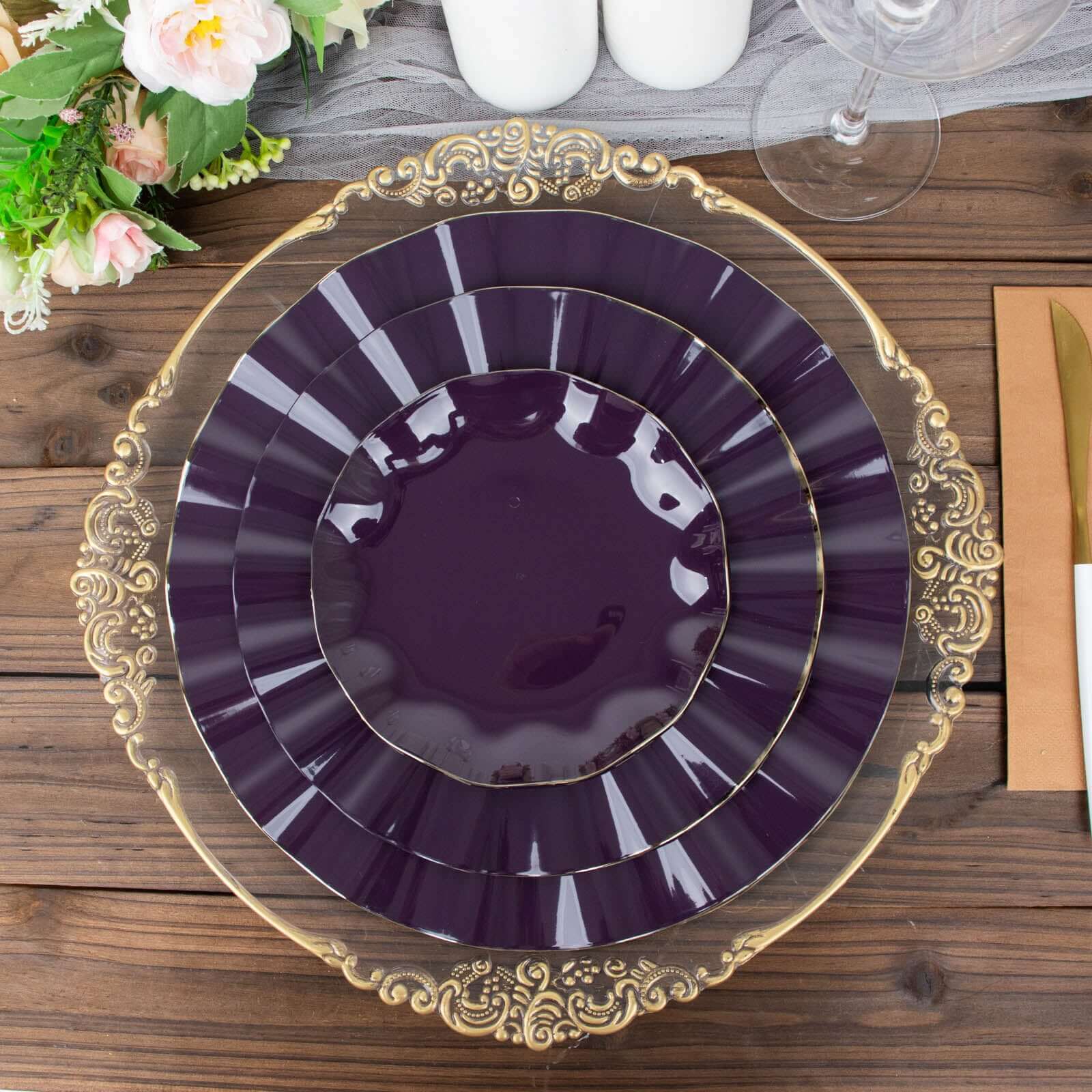 10-Pack Plastic 11 Round Dinner Plates in Purple Ruffled Rim with Gold Edging - Sturdy Disposable Dinnerware