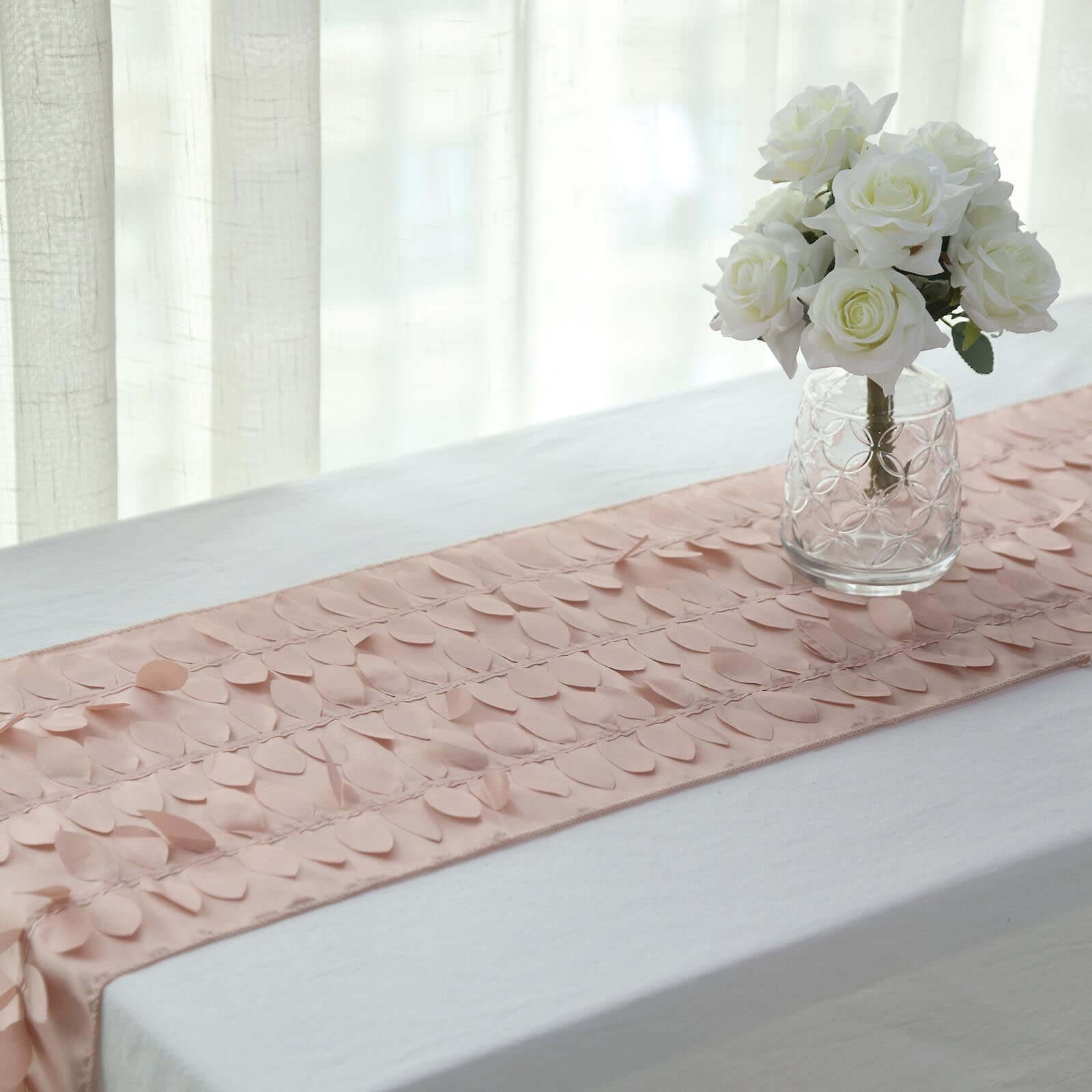 Taffeta Fabric 12x108 Table Runner Dusty Rose - 3D Leaf Petal Design