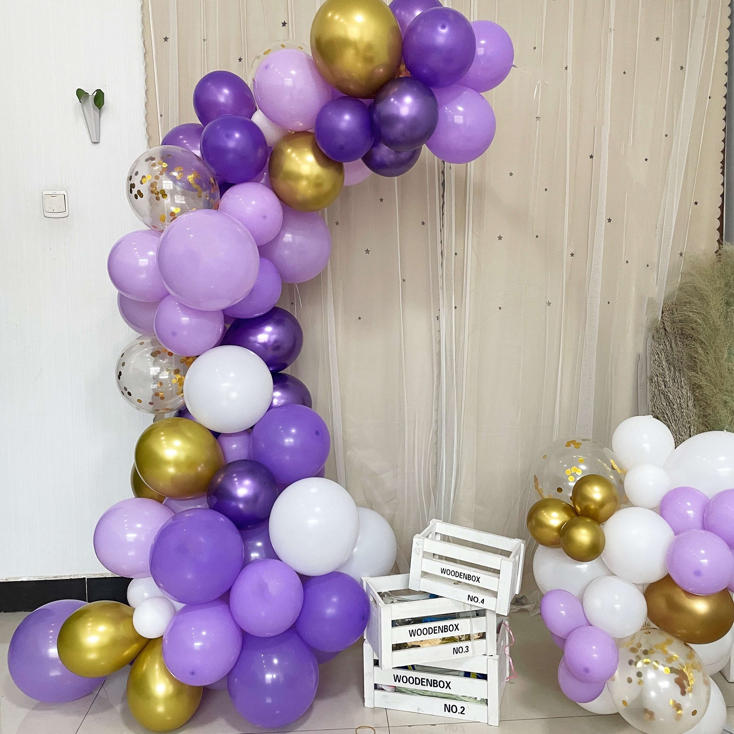 121 Pack Purple, White, Gold, Clear DIY Balloon Garland Arch Party Kit