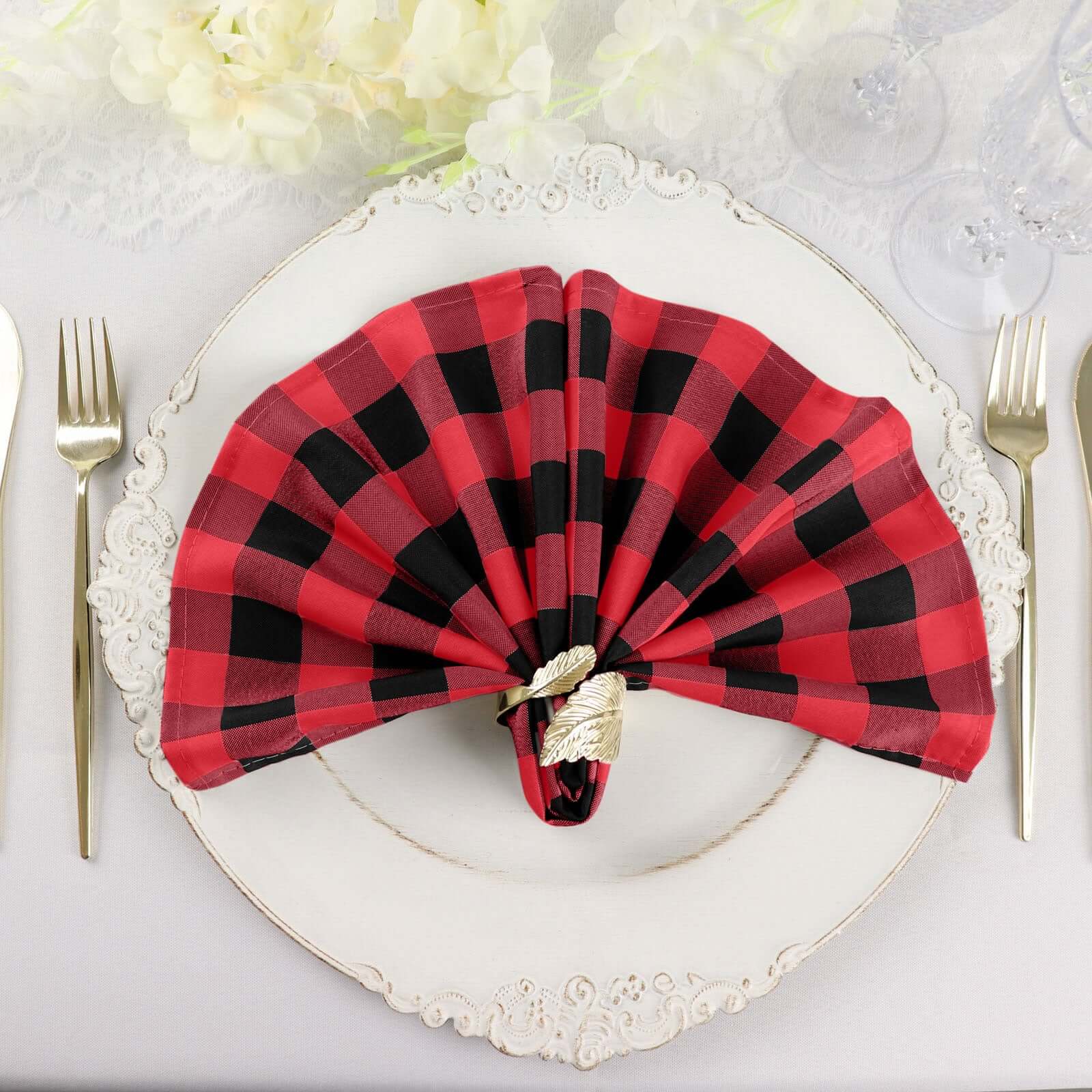 5 Pack Polyester 15x15 Napkins Black/Red Buffalo Plaid Gingham Style Cloth Napkins