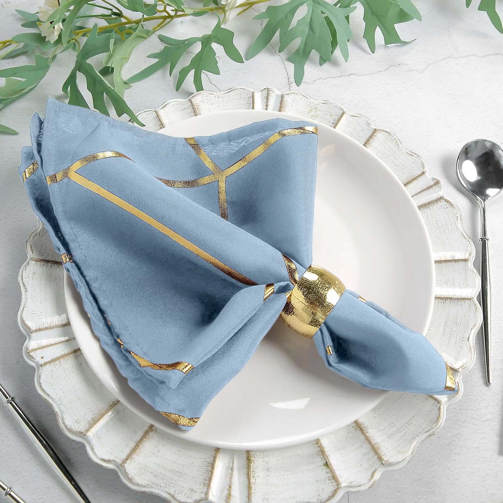 5 Pack Polyester 20x20 Napkins Dusty Blue with Gold Geometric Foil Pattern - Modern Reusable Dinner Napkins
