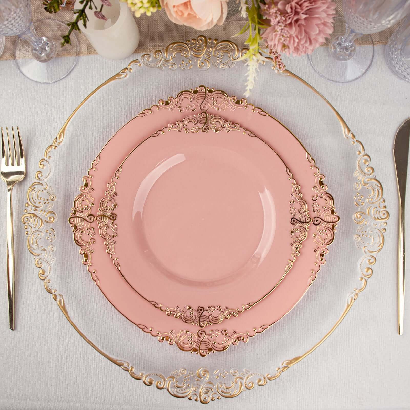 10-Pack Plastic 10 Round Dinner Plates in Dusty Rose with Gold Leaf Embossed Rim - Disposable Vintage Baroque Style Plates