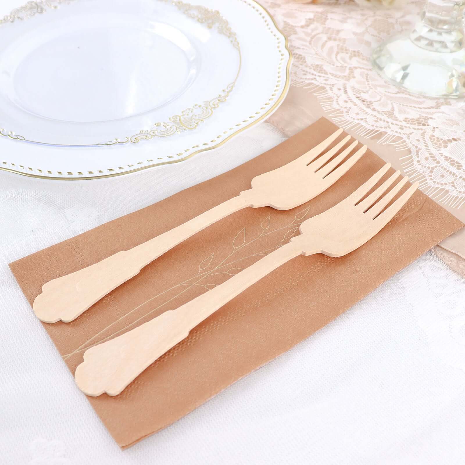 24-Pack Birchwood Forks Natural Vintage Baroque Design - Eco Friendly Biodegradable Wooden Utensils for Rustic Themes & Outdoor Parties 7.5