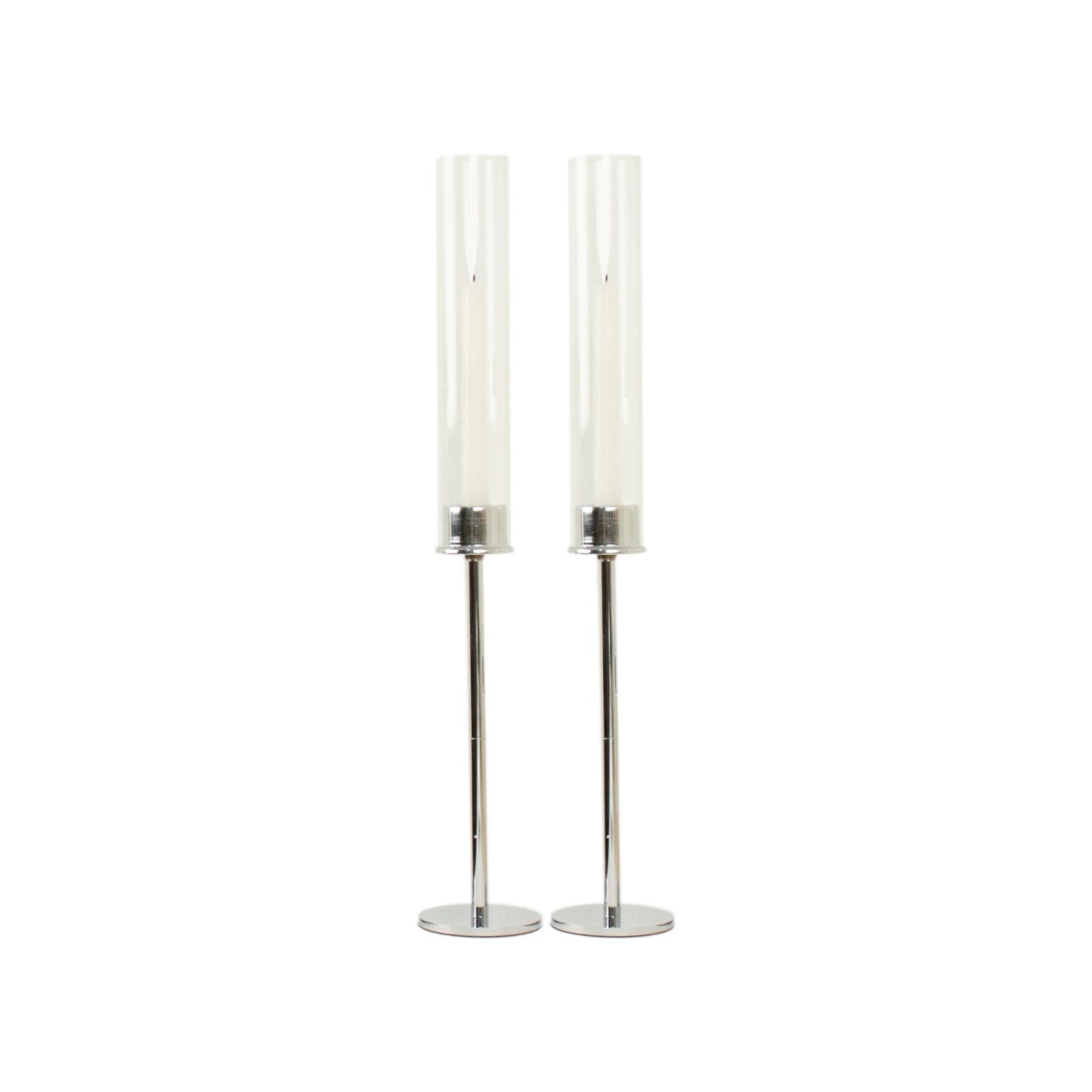 2-Pack Silver Metal Taper Candlestick Holders, Clear Glass Hurricane Candle Stands With Chimney Candle Shades 20