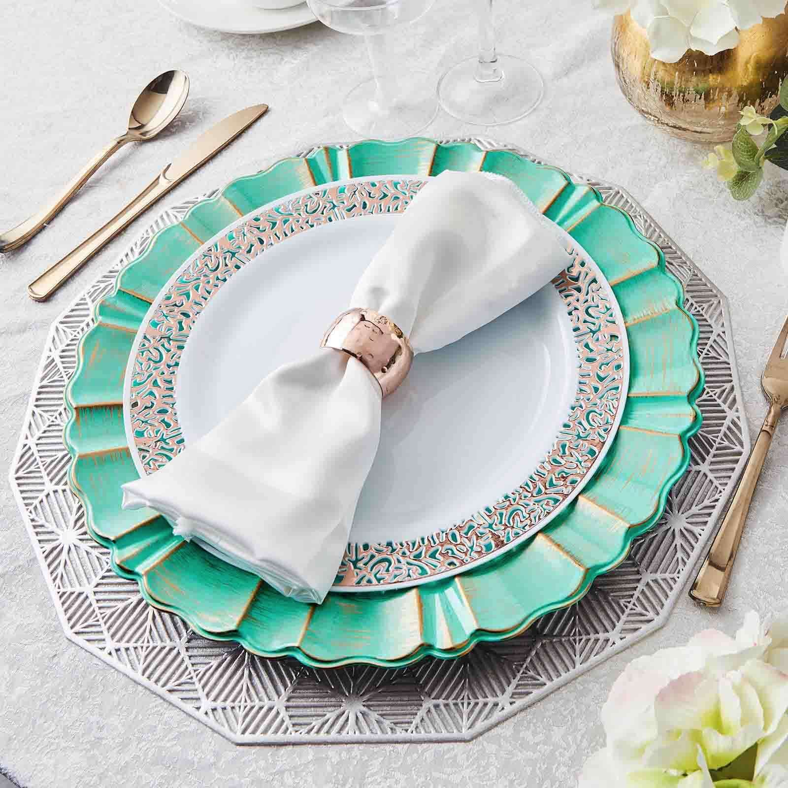 6-Pack Acrylic Plastic Round Charger Plates 13 in Turquoise with Gold Brushed Wavy Scalloped Rim, Decorative Dinner Party Charger Tableware