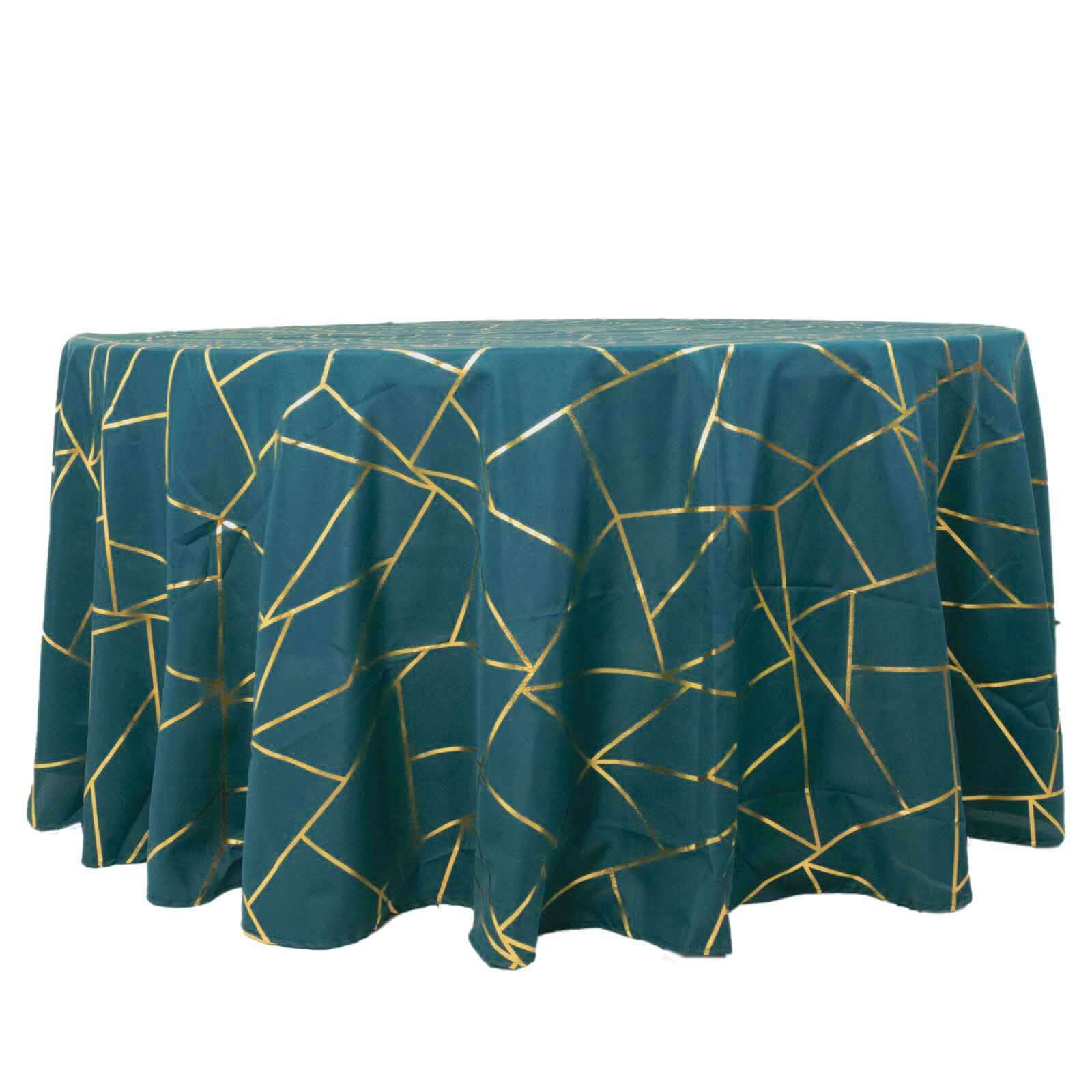 120 Peacock Teal Seamless Round Polyester Tablecloth With Gold Foil Geometric Pattern for 5 Foot Table With Floor-Length Drop