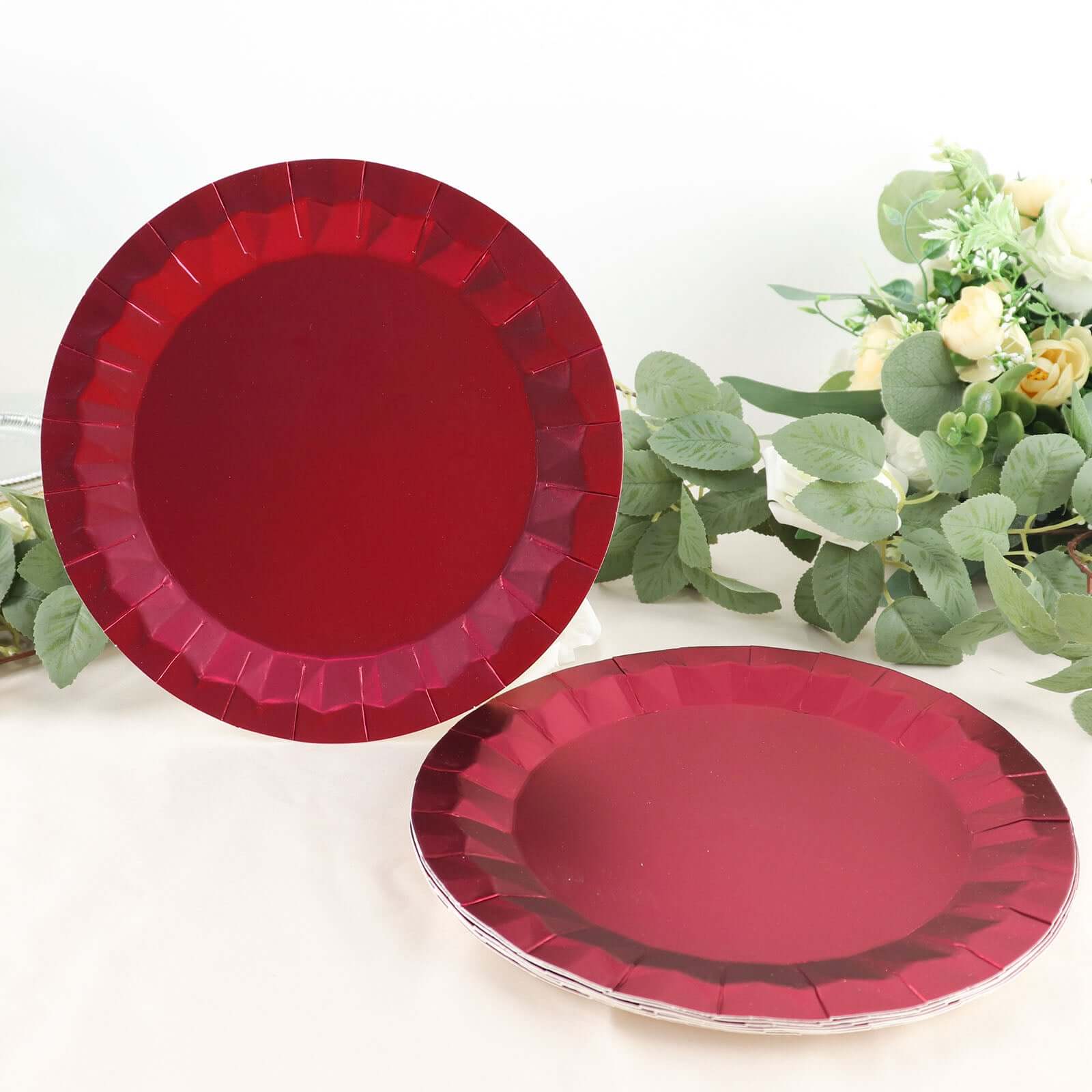 25-Pack Paper 9 Round Dinner Plates in Burgundy with Geometric Prism Rim - Disposable 400GSM Party Plates