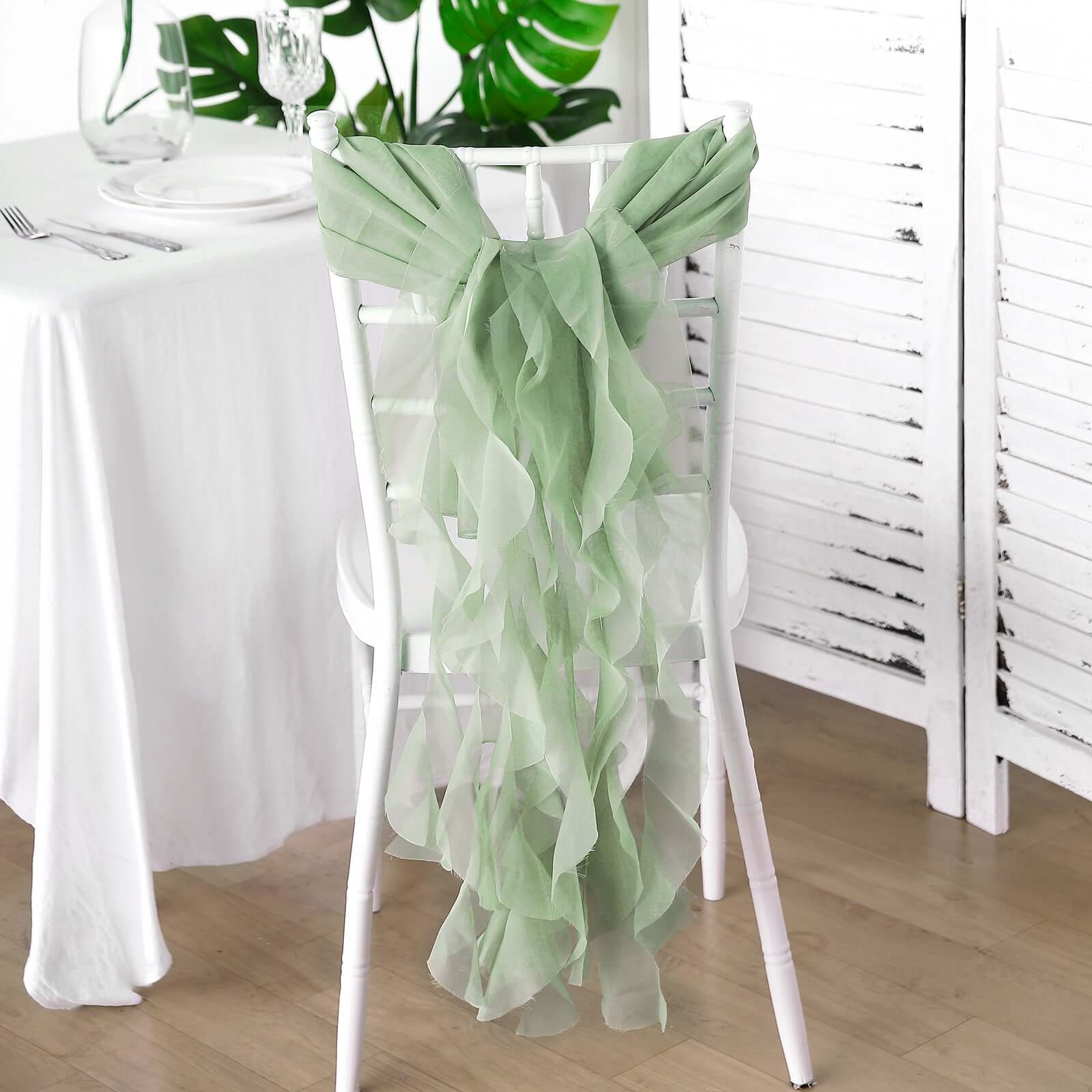 1 Set Chiffon Hoods Chair Sashes with Willow Ruffles Design Sage Green - Stylish Chair Bow Decor