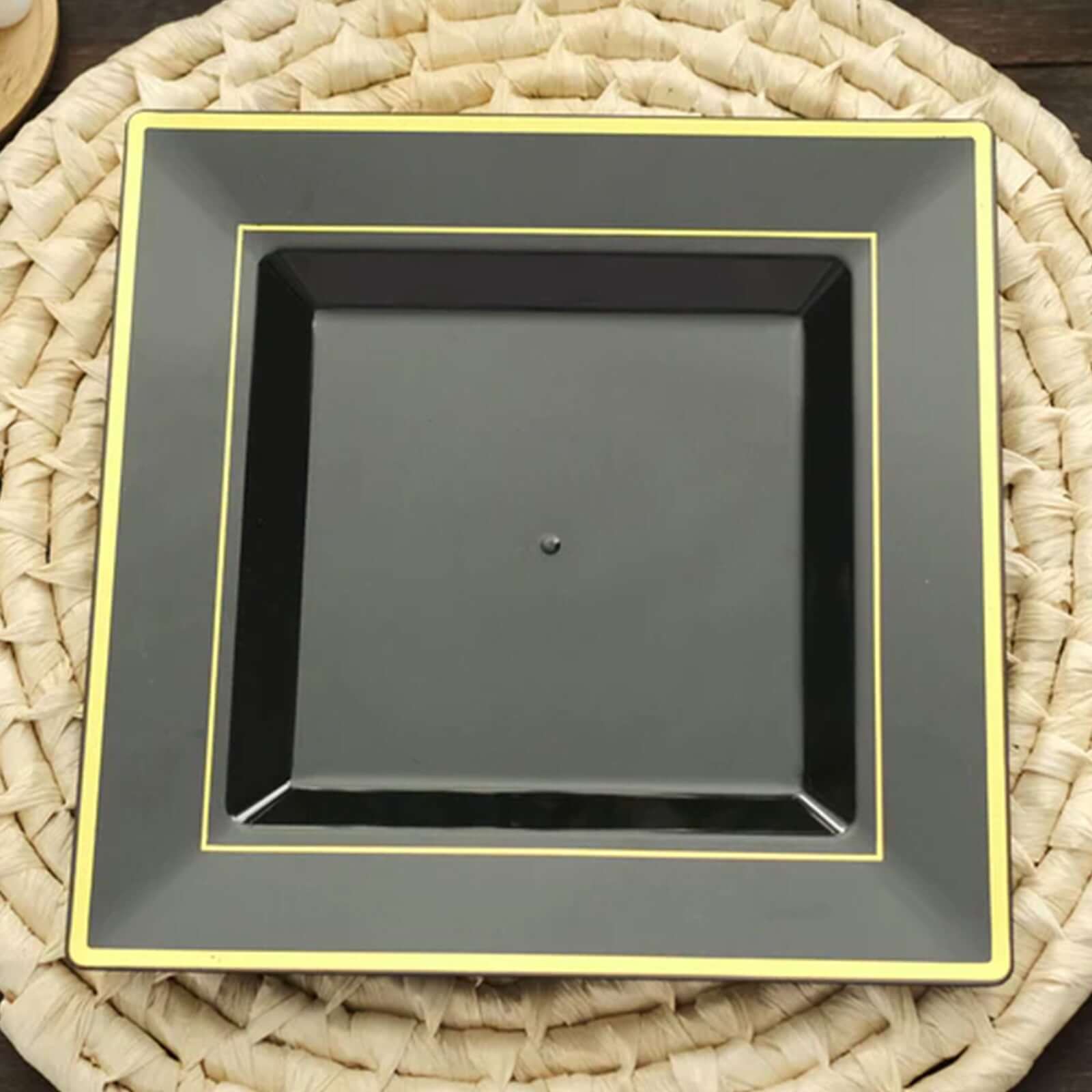 10-Pack Plastic Dinner Plates Black Square with Gold Trim - Lightweight Disposable Plates for Events 10