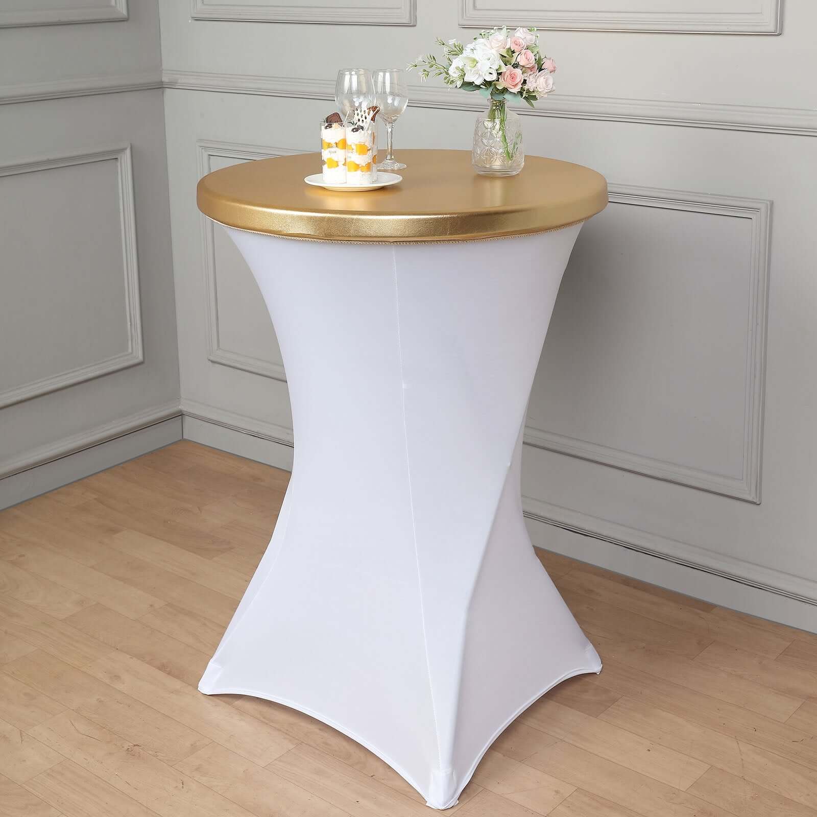 Spandex Cocktail Table Top Cover Fitted Metallic Gold - Stretchy & Wrinkle Free Topper for Weddings & Events