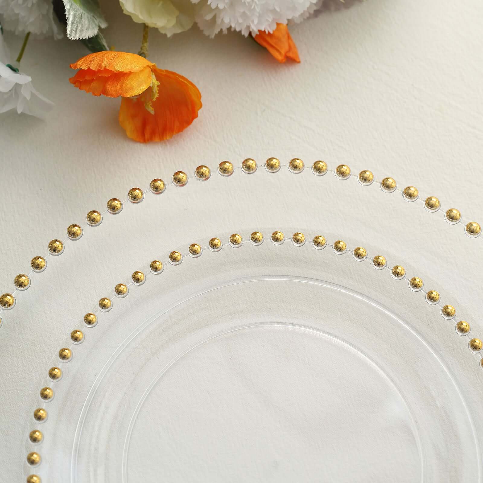 10-Pack Plastic 10 Round Dinner Plates in Clear with Gold Beaded Rim - Disposable Party Plates