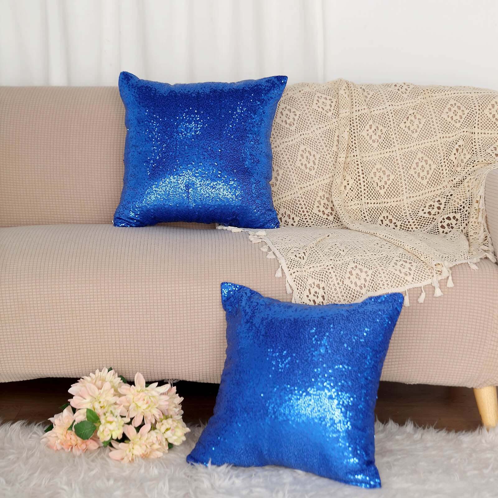 2 Pack 18x18 Sequin Throw Pillow Cover, Decorative Cushion Case - Square Royal Blue Sequin