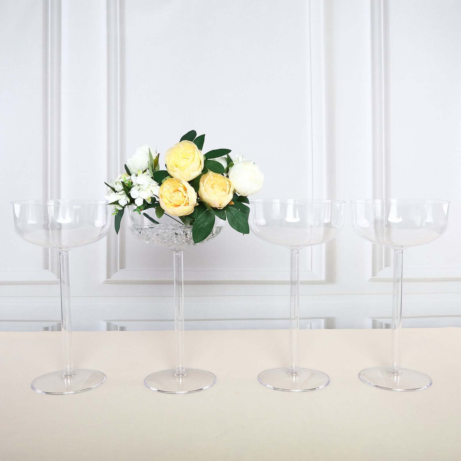 4-Pack Plastic Flower Vases Champagne Glass Design Clear - Fillable Long Stem Centerpieces for Events 18