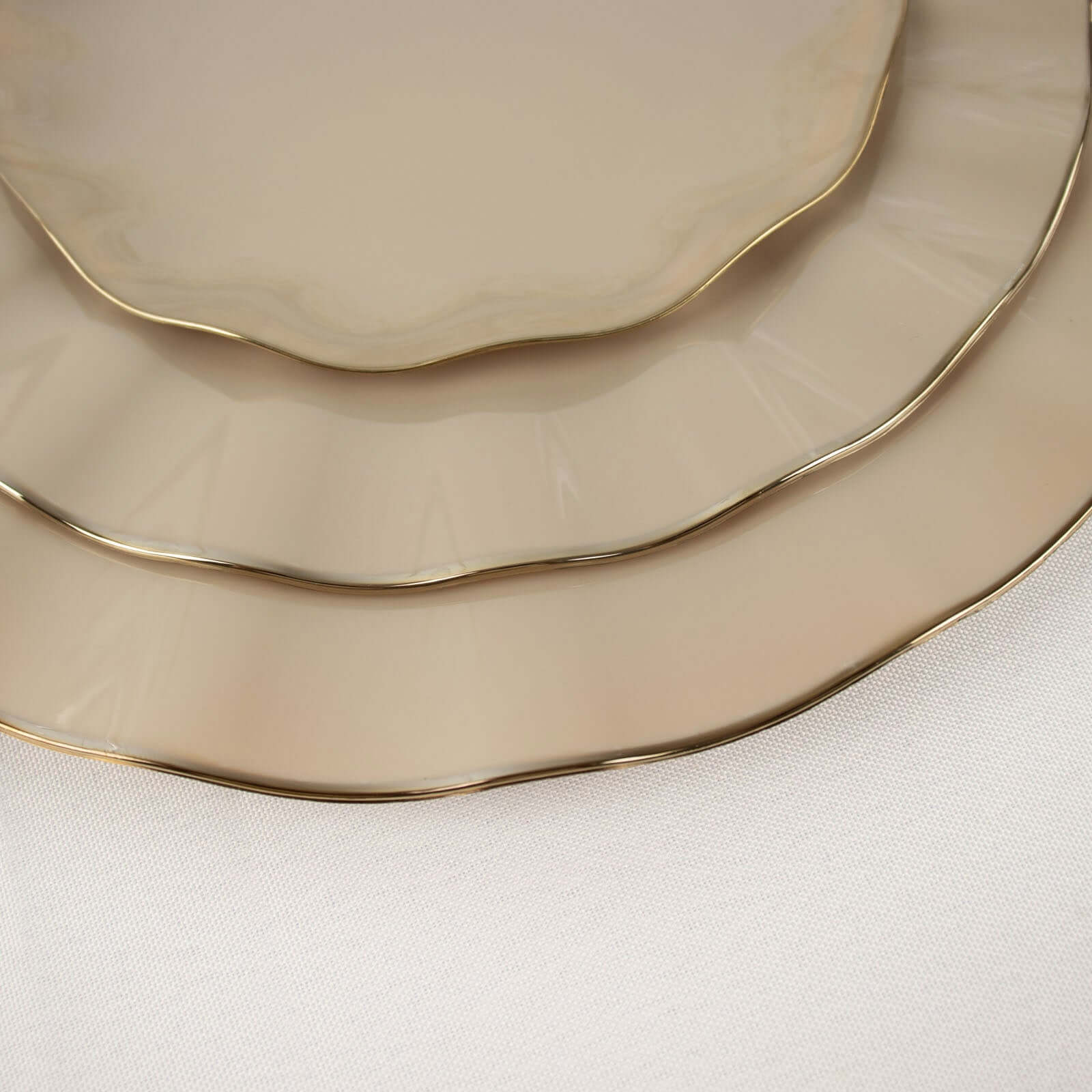 10-Pack Plastic 11 Round Dinner Plates in Taupe Ruffled Rim with Gold Edging - Sturdy Disposable Dinnerware