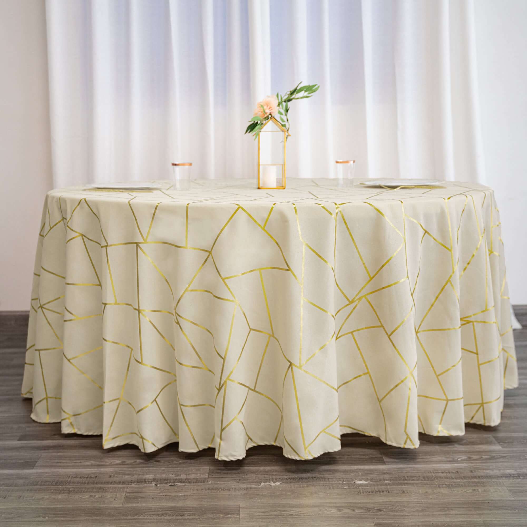 Polyester 120 Round Tablecloth Beige with Gold Foil Geometric Pattern Wrinkle-Resistant Seamless Table Cover