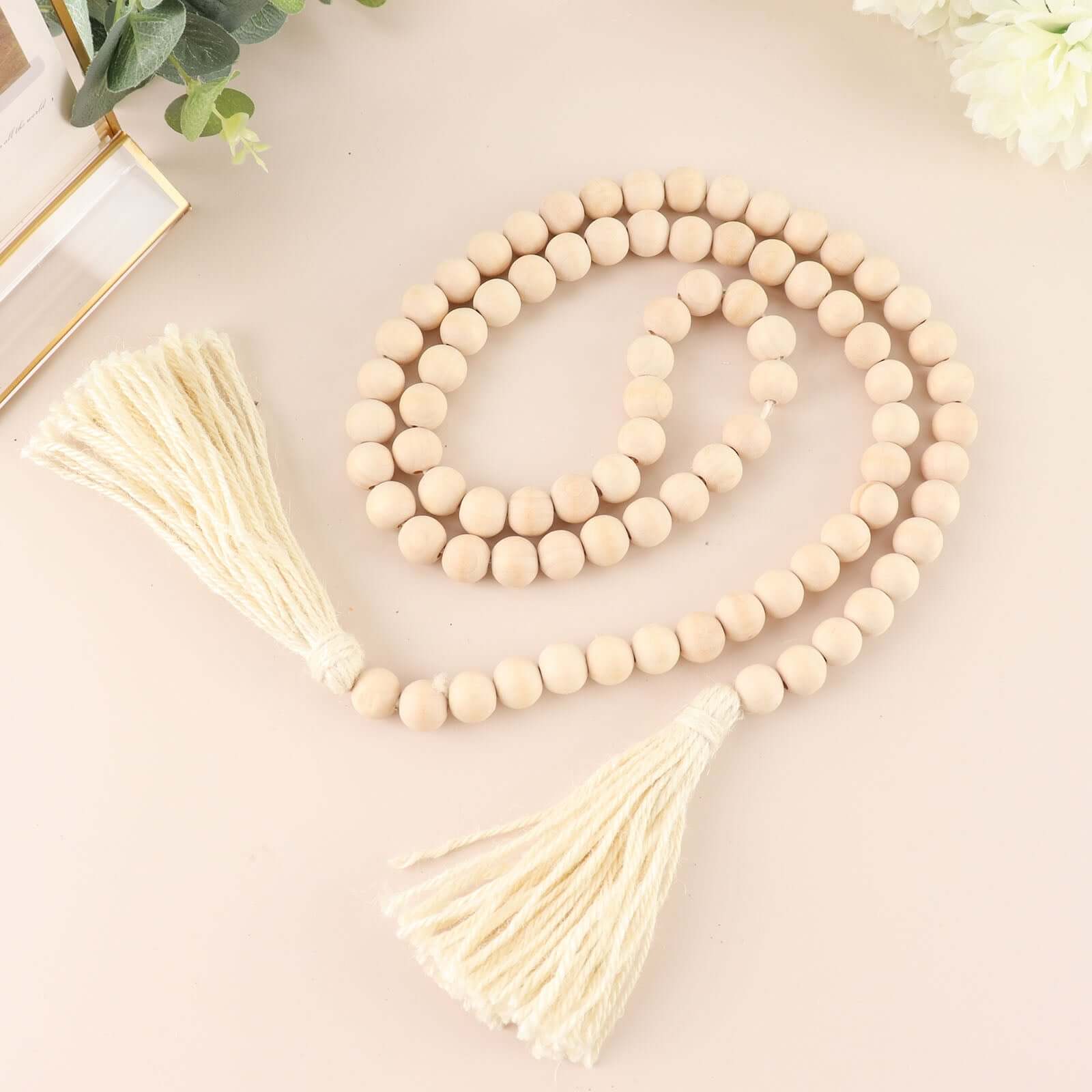 55 Cream Rustic Boho Chic Wood Bead Garland With Tassels, Farmhouse Country Wood Bead Chain