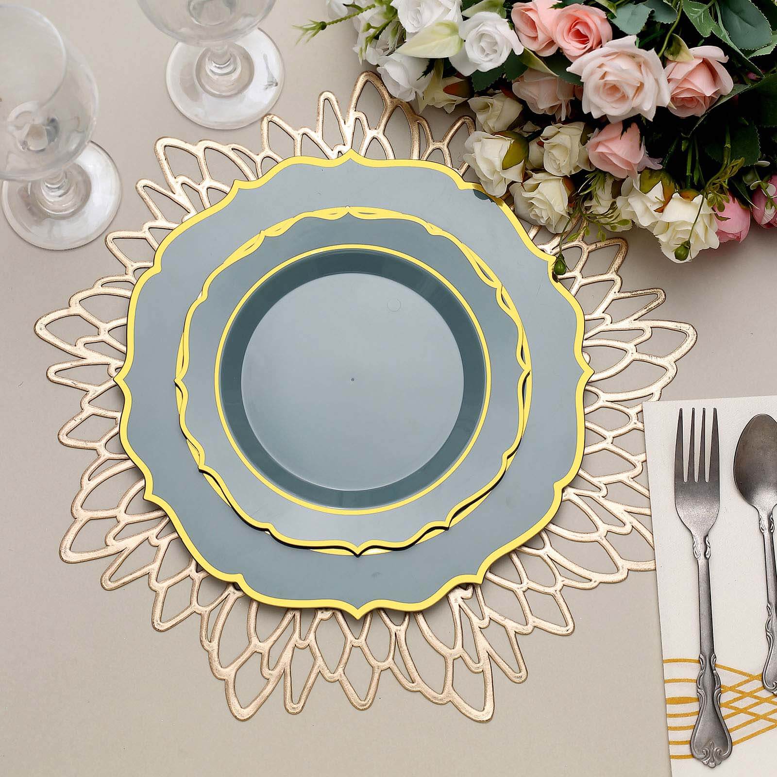 10-Pack Plastic 8 Round Desert Plates in Dusty Blue with Gold Scalloped Rim - Disposable Appetizer/Salad Plates