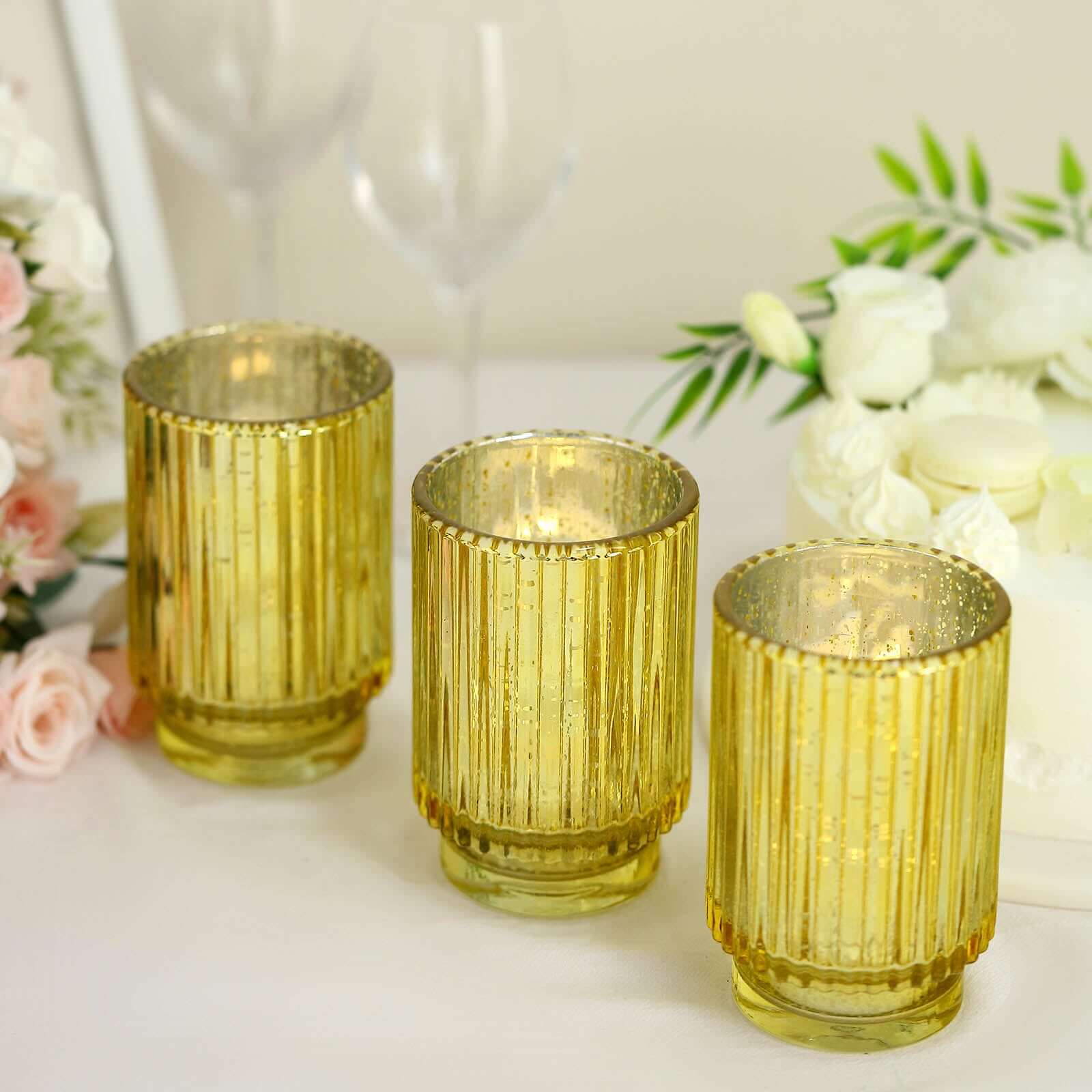 3-Pack Mercury Glass Hurricane Candle Holders Gold Wavy Column Design - Votive Pillar Vase 5