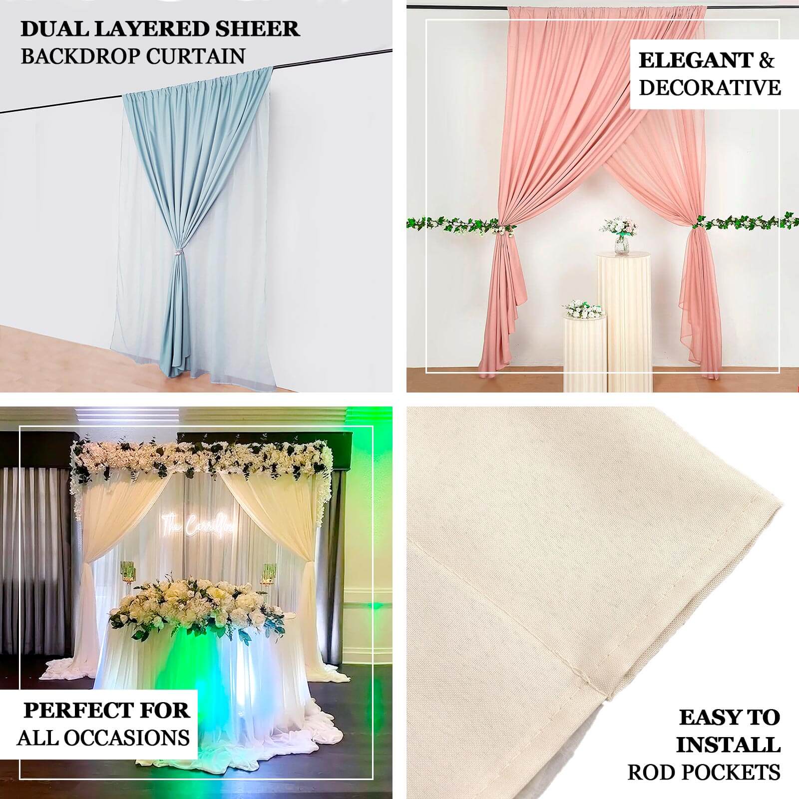 Blush Chiffon Polyester Event Curtain Drapes, Dual Layer Divider Backdrop Curtain Panels with Rod Pockets - 10ftx10ft