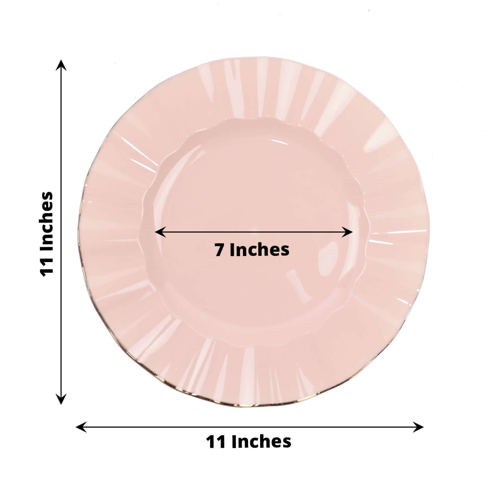 10-Pack Plastic 11 Round Dinner Plates in Blush Ruffled Rim with Gold Edging - Sturdy Disposable Dinnerware