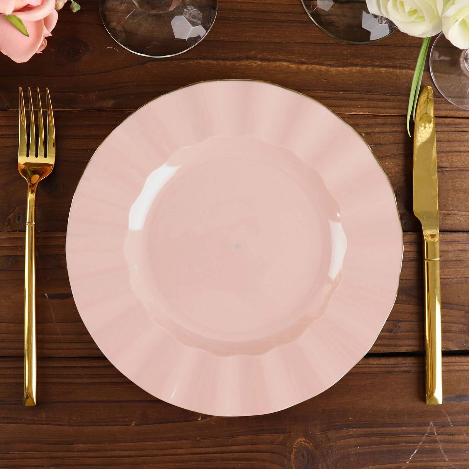 10-Pack Plastic 9 Round Dinner Plates in Blush Ruffled Rim with Gold Edging - Sturdy Disposable Dinnerware