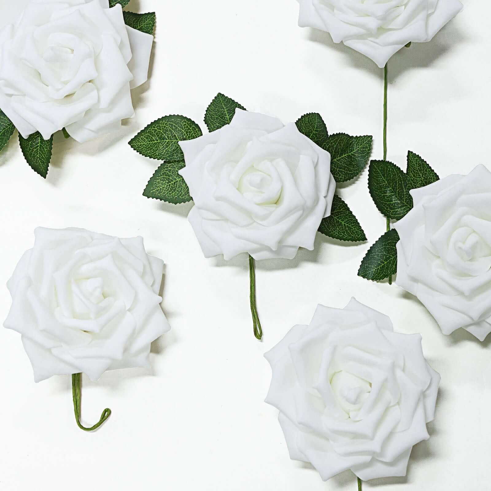 24 Roses 5 White Artificial Foam Flowers With Stem Wire and Leaves