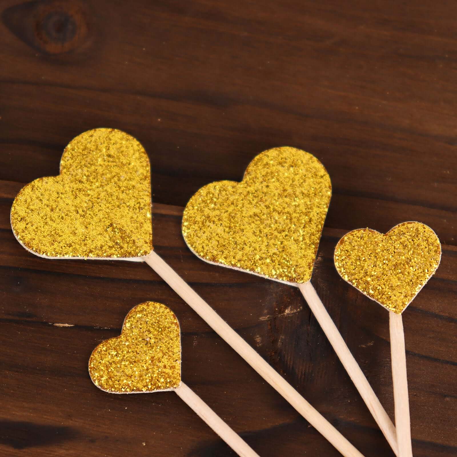 24-Pack Cupcake Topper Picks Heart Shaped Design Glitter Gold - Party Cake Toppers 4.5, 4