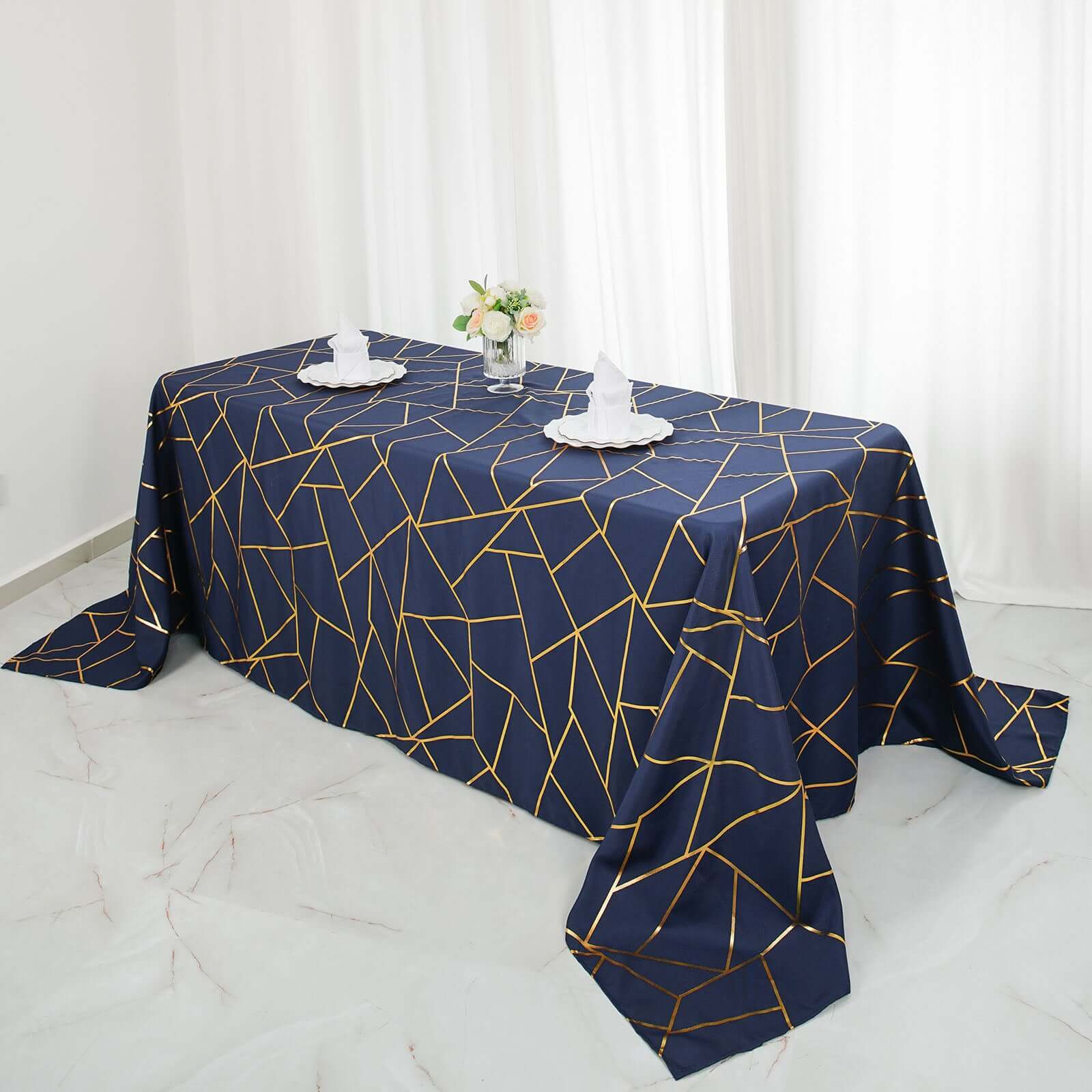 Polyester 90x132 Rectangle Tablecloth Navy Blue with Gold Foil Geometric Pattern - Wrinkle-Resistant Seamless Table Cover